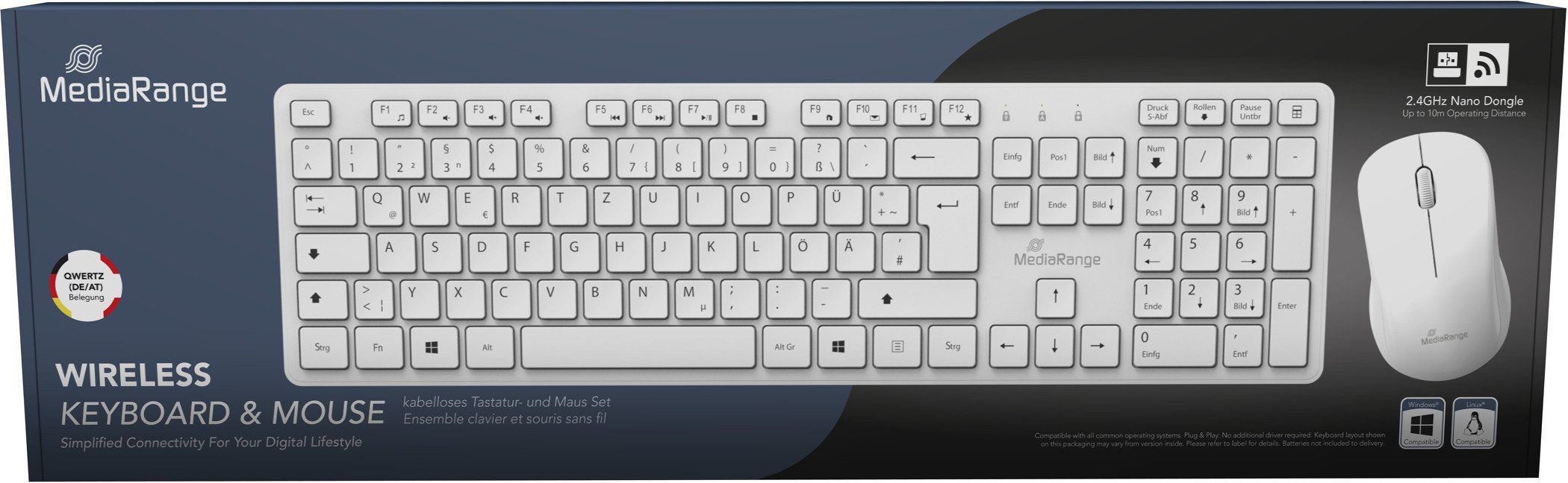 Mediarange Set Funk Maus und Tastatur 3 Tasten kabellos weiß MROS278 Tastatur- und Maus-Set