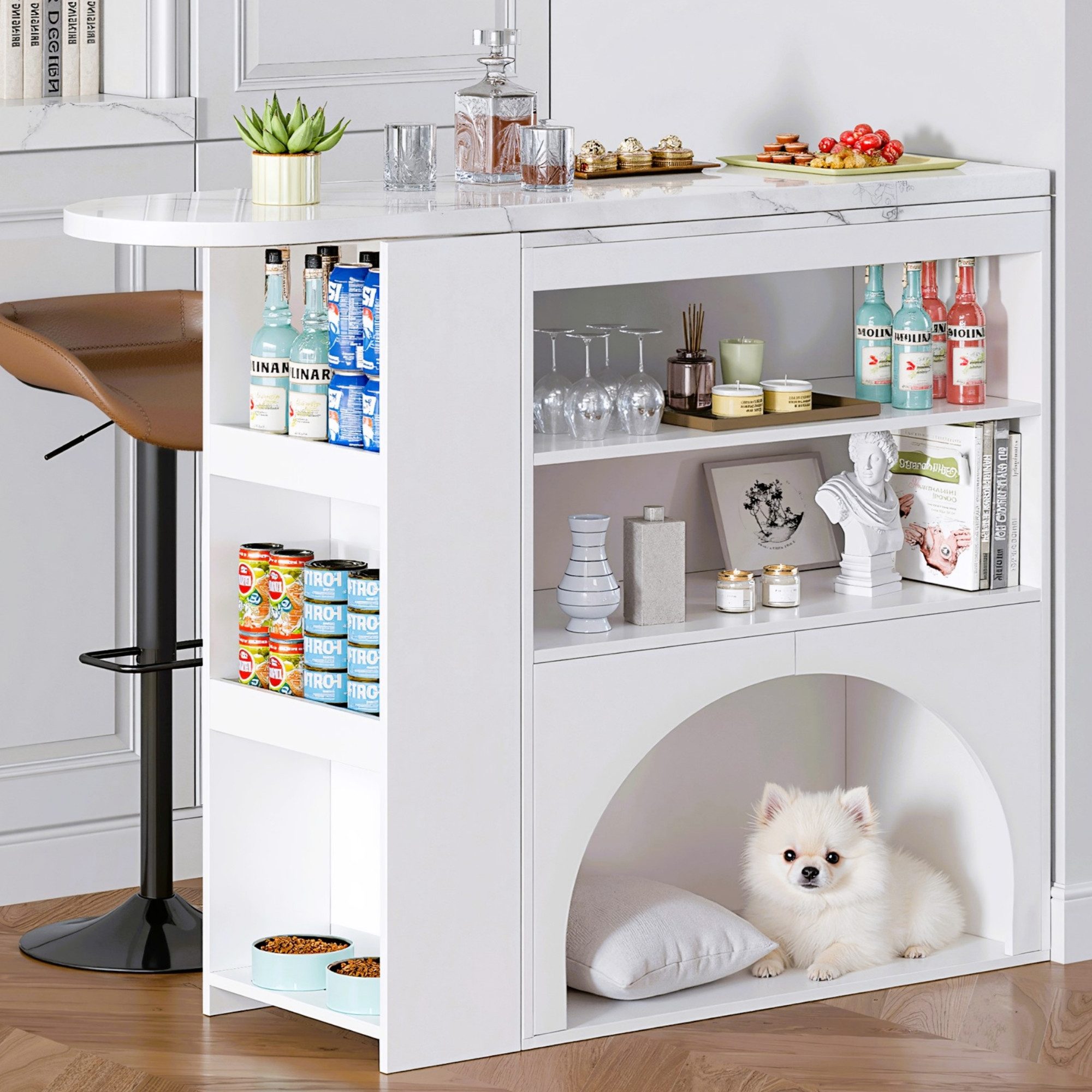 Odikalo Schreibtisch Eckschreibtisch Esstisch Ausziehbar (Moderner ausziehbarer Thekentisch & Esstisch, drehbarer hoher Klein-Thekentisch – mit Haustierbereich, ohne Haustierfutterteller & Haustierkissen, Weiß, Marmoroptik-Tischplatte, 120(80)×40×100 cm)