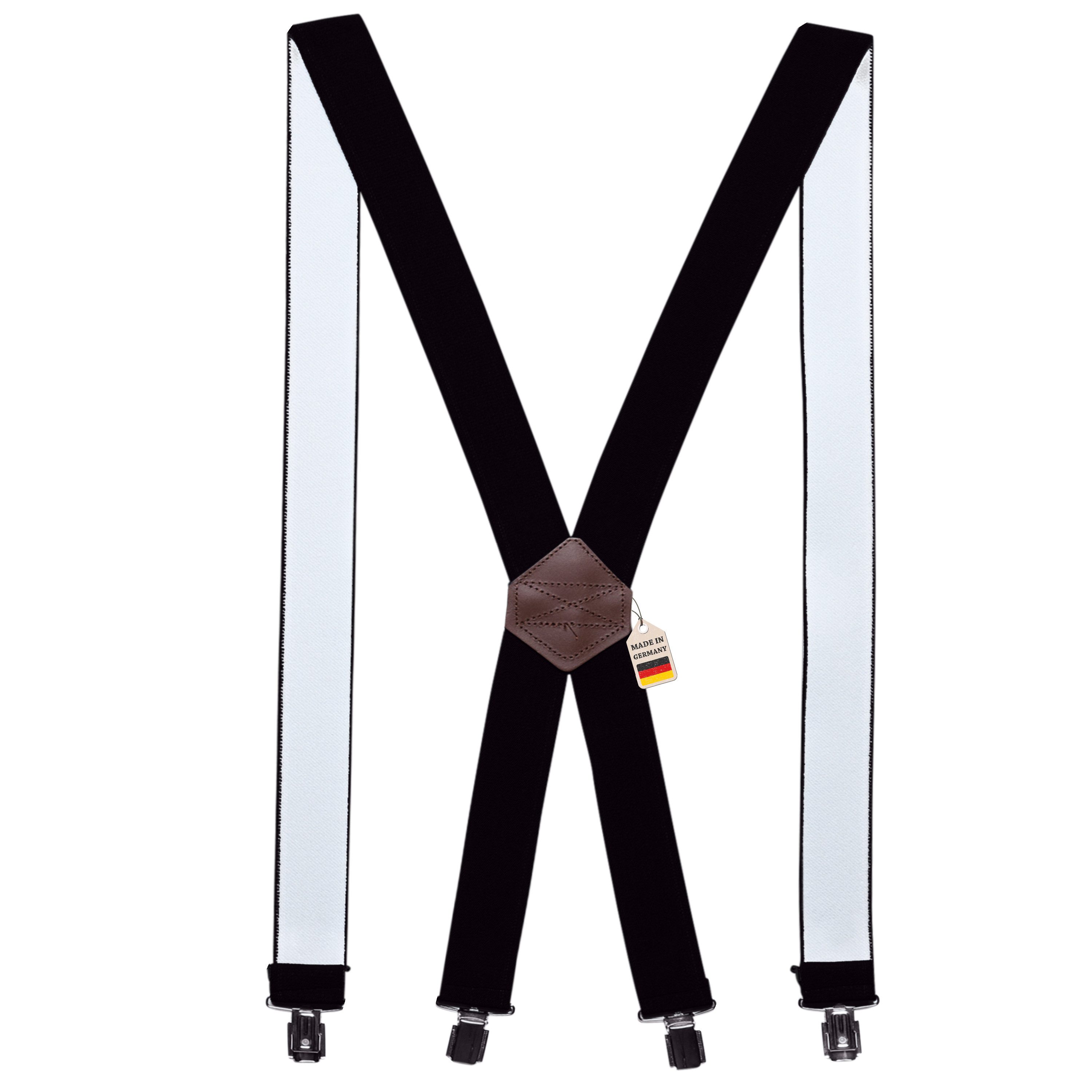 ZUKUNFTSENKEL Hosenträger Hosenträger mit Echtleder - Elastisch, Rutschfest Herren & Damen (4 Robuste Clips, X-Form) 3,5cm Breite - Deutsche Produktion