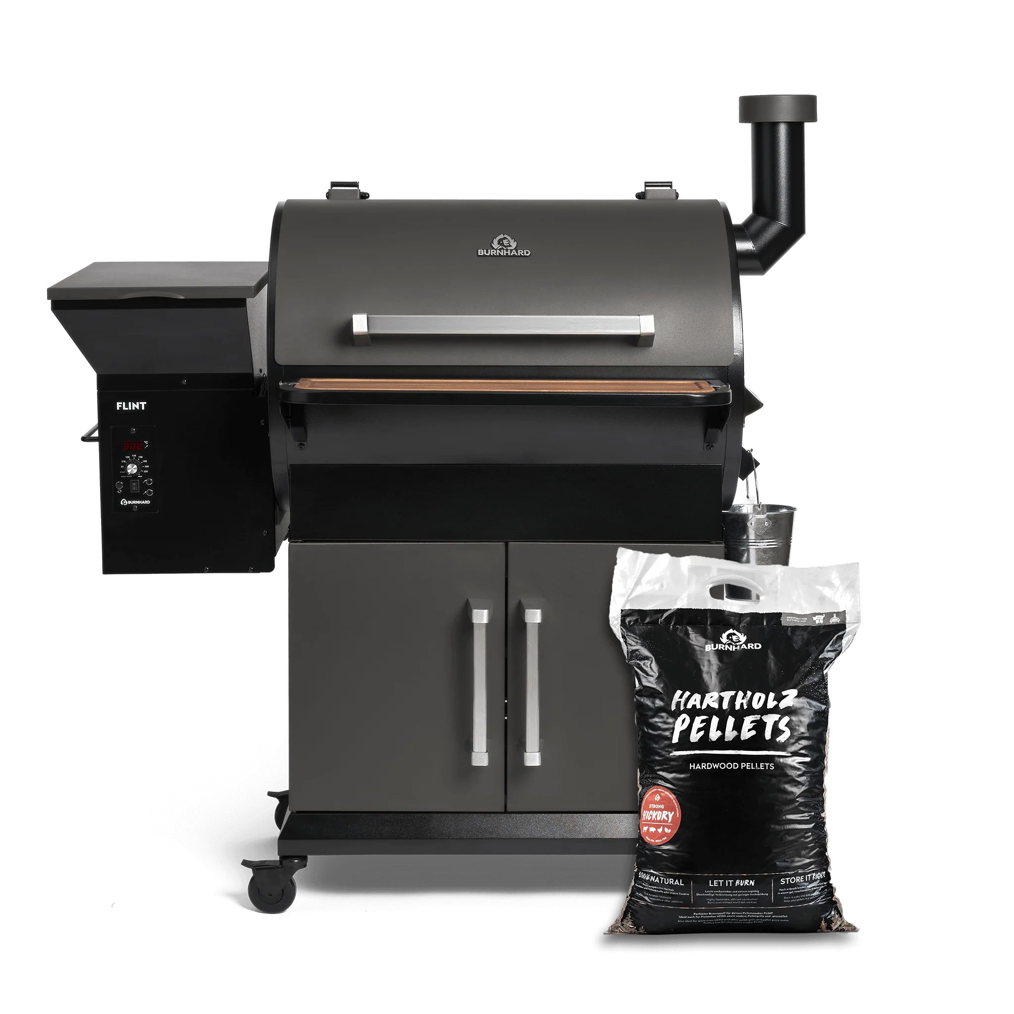 BURNHARD Smoker, BURNHARD® Pelletsmoker Set FLINT, 2 Ebenen, 9 kg Hartholz-Pellets, 70-230°C Temperaturbereich, Edelstahl-Grillroste, Abklappbarer Tisch, Unterschrank, Integrierte Messfühler, BBQ-Aromen, 24h Smoken, 70-230°C Temperaturbereich, 24h Smoken
