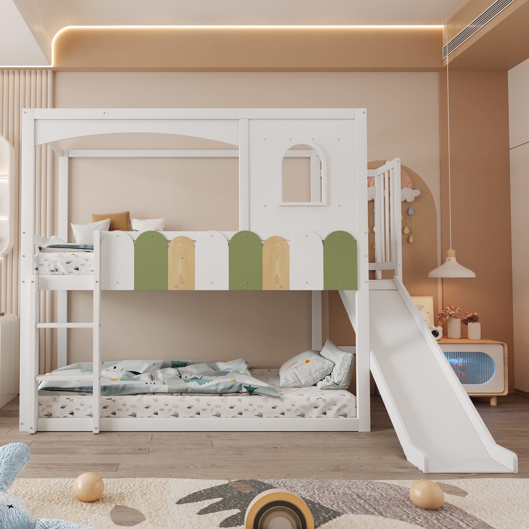 Merax Hochbett mit Hausrahmen, Fenstern & bunter Geländeroptik (Etagenbett Jugendbett, 1-St) Kiefernholz Kinderbett 90x200cm mit Rutsche und Sicherheitsleiter