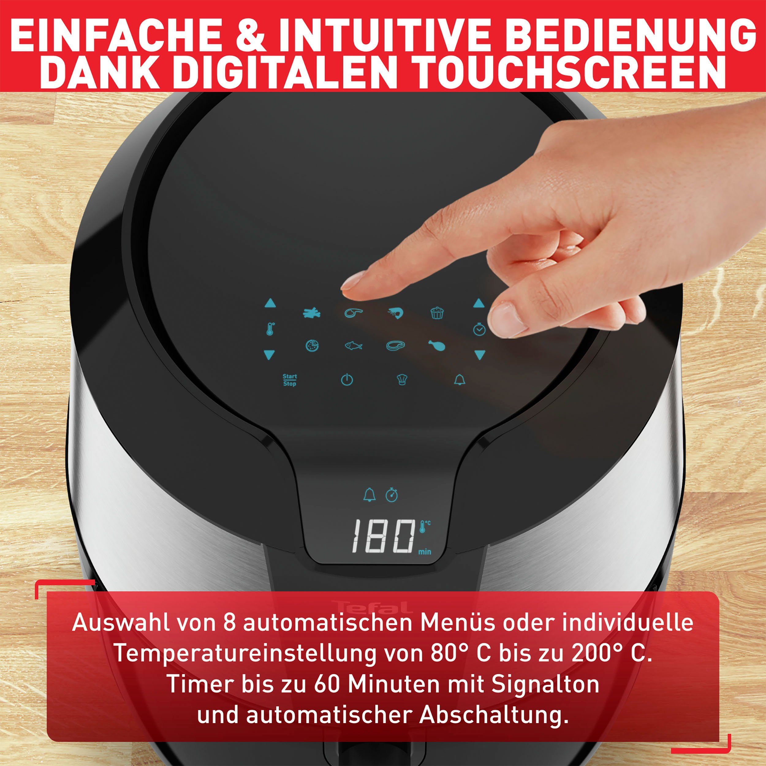 Fry 1850 8 XXL Fassungsvermögen Zubehör-Set, EY701D.HERO Tefal automatische Easy W, Heißluftfritteuse kg, Menüs Timer, mit 1,6