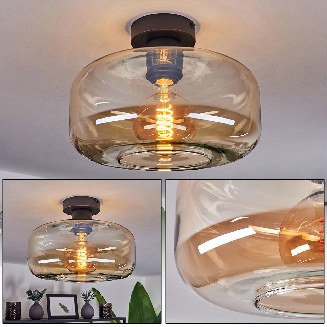 hofstein Deckenleuchte »Vizzini« Deckenlampe aus Metall/Glas in Schwarz/Bernsteinfarben, ohne Leuchtmittel, Leuchte im Retro/Vintage-Design mit Schirm aus Glas (27, 5cm), 1xE27
