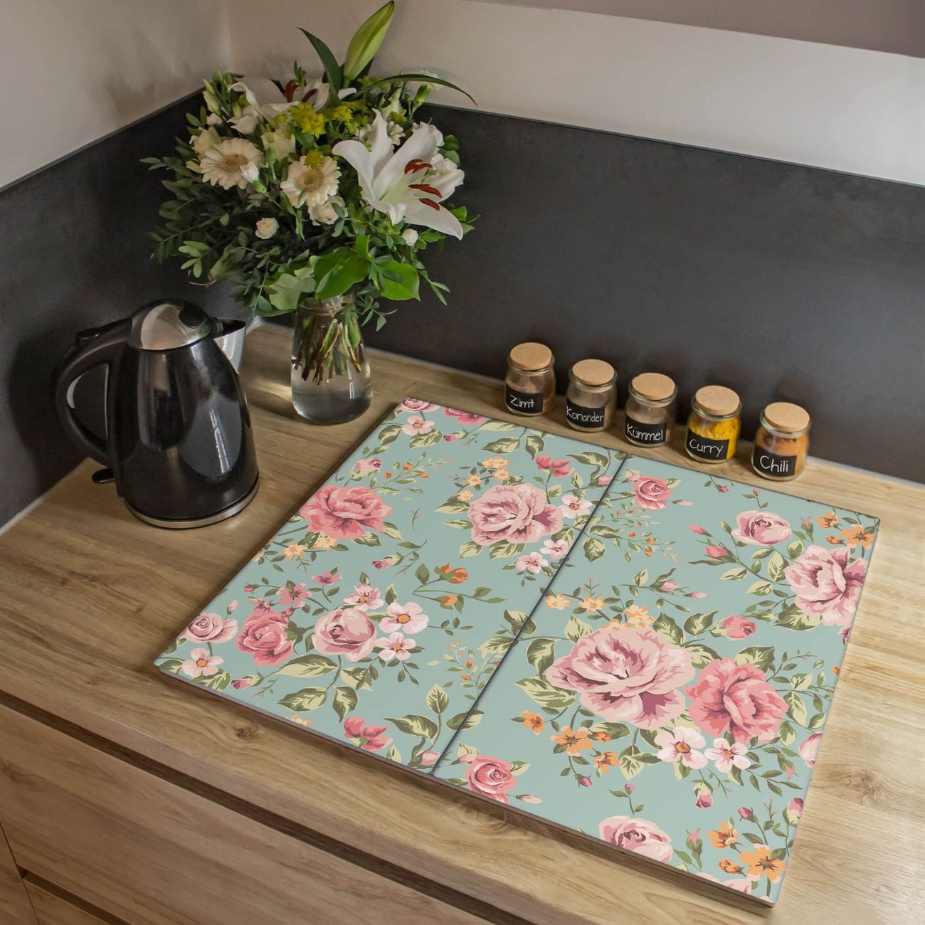 banjado Herd-Abdeckplatte zweiteilig aus Glas mit Motiv Altrosa Blume, (gehärtet, 2 tlg., inkl. selbstklebende Gummifüßchen)