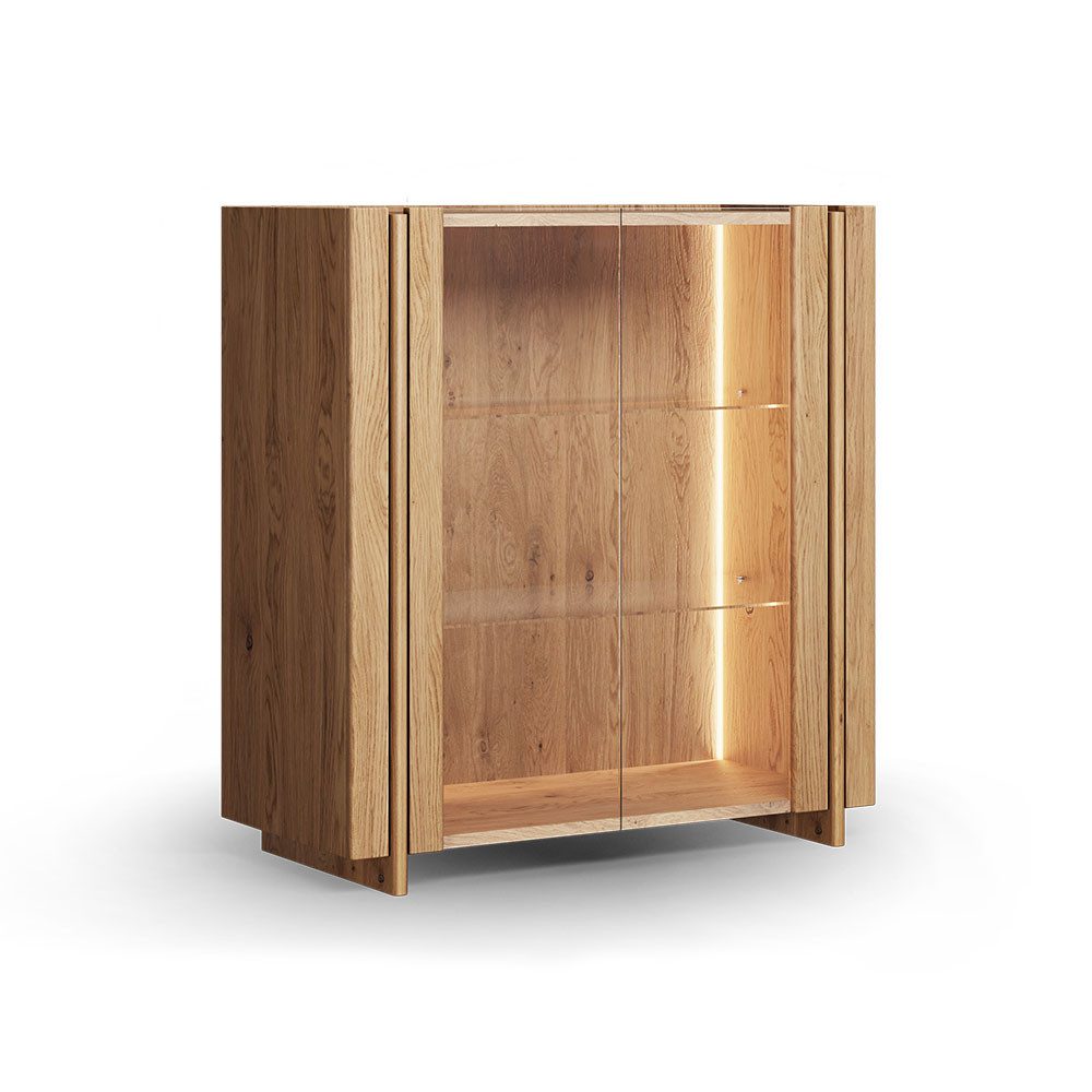 Feldmann-Wohnen Vitrine Travertino (mit Türen, mit Glaseinsatz, mit Beleuchtung, 1-St., moderne Optik, mit Türen, mit Glaseinsatz, mit Beleuchtung) 100x46x106cm Wildeiche Natur