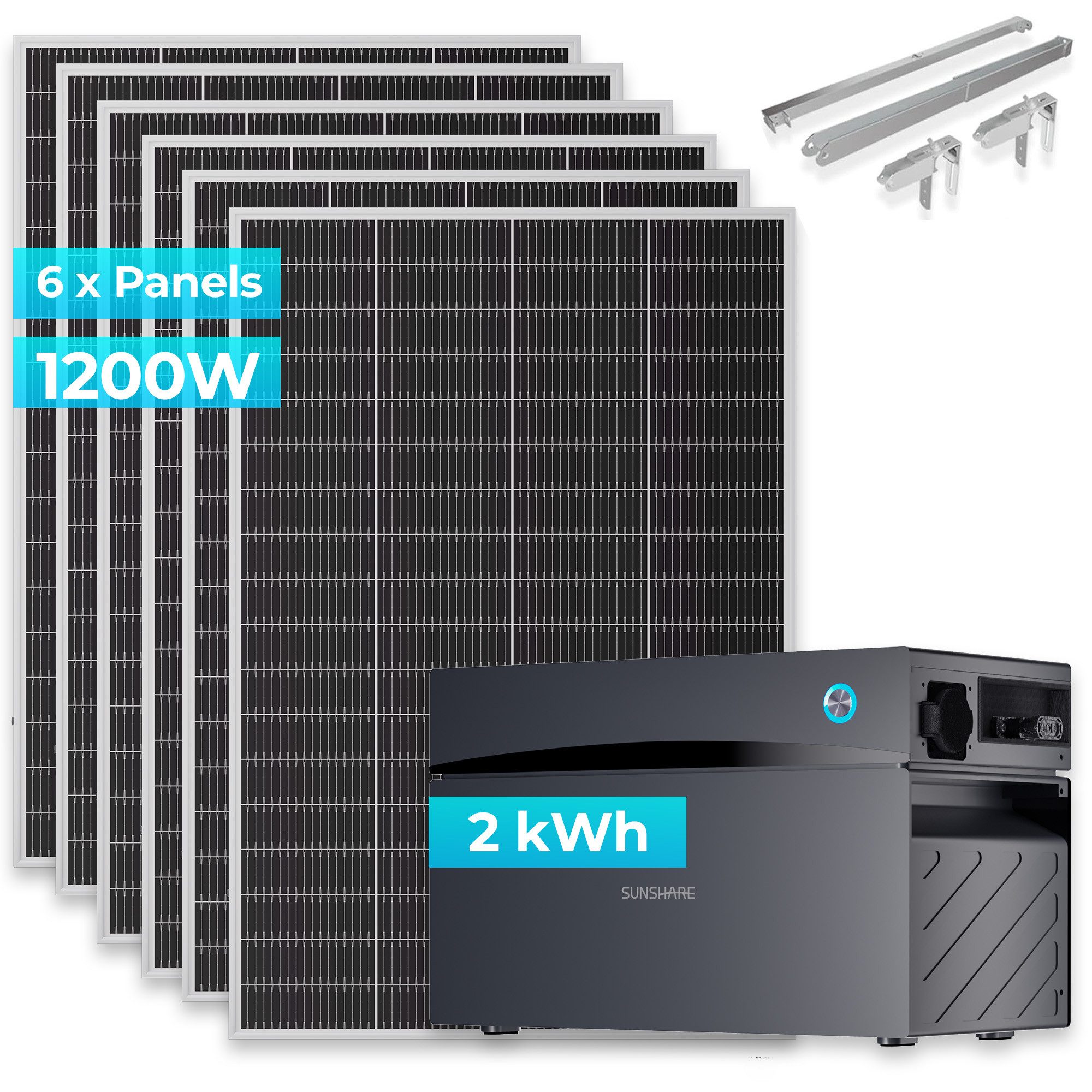 Sunshare Balkonkraftwerk Ray Lite 1200W + Glory 2 kWh Stromspeicher & Halterung, 200 W, Monokristalline N-Typ TOPCon, (Balkonkraftwerk-Komplettset mit Stromspeicher, 6 Solarmodule 200W, 6 Balkonhalterungen, 1 Glory Stromspeicher), Mit Smart-BMS, IP65-Schutz und Echtzeitkontrolle per App.