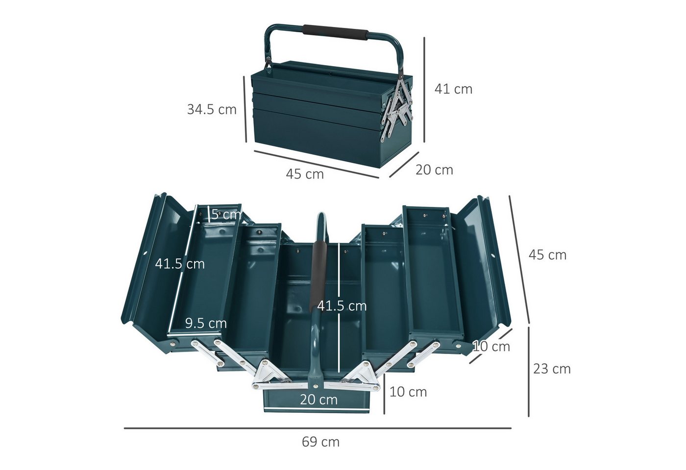 Thumbnail - MC Star Werkzeugbox Werkzeugkasten Werkzeugkoffer, 5 Fächer, aufklappbar, Stahl Dunkelgrün (45x22,5x34,5 cm)
