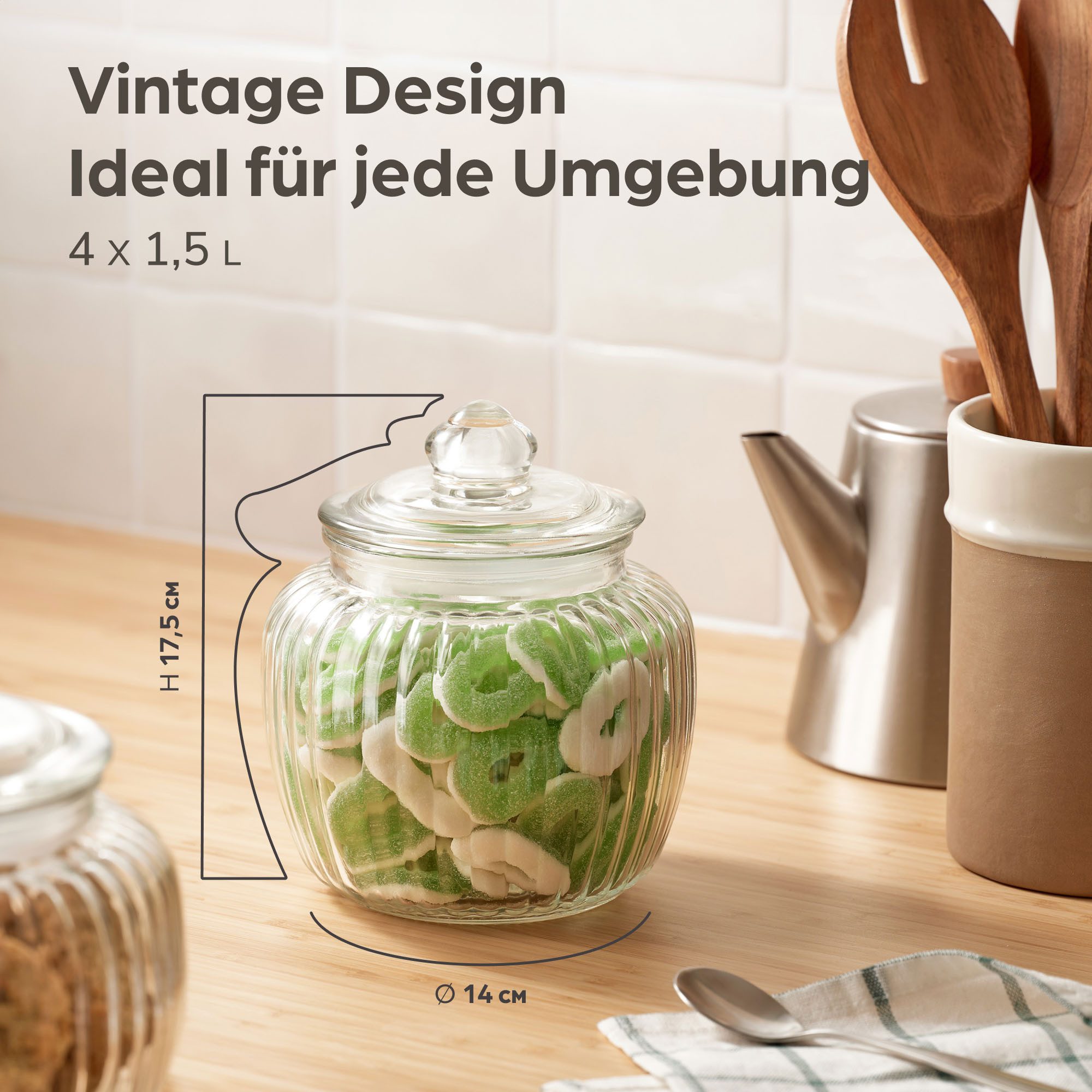Praknu Vorratsglas 4 Vintage Vorratsgläser 1,5L - Keksglas mit Deckel - Luftdicht, Glas, (Set, 4-tlg), Süßigkeiten