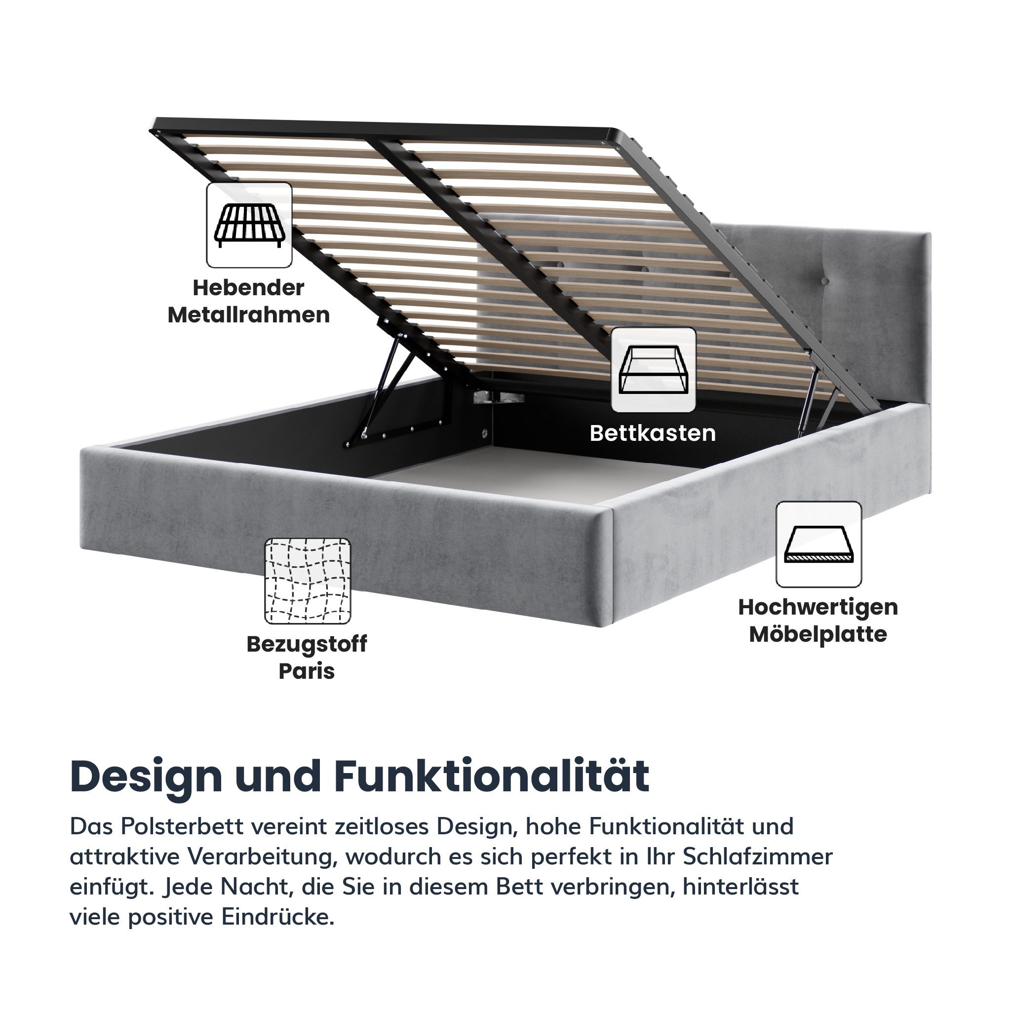 FDM Polsterbett VEGAS Bettkasten MADE IN EU - mit hochwertigem Paris Bezug (verfügbar 90x200 120x200 140x200 160x200 180x200cm, Bettrahmen, Bett, mit großen gepolsternetn Kopfteil, mit Bettkasten zum ausklappen), Hebbarer Metallrahmen, Bettkasten, ohne Matratze