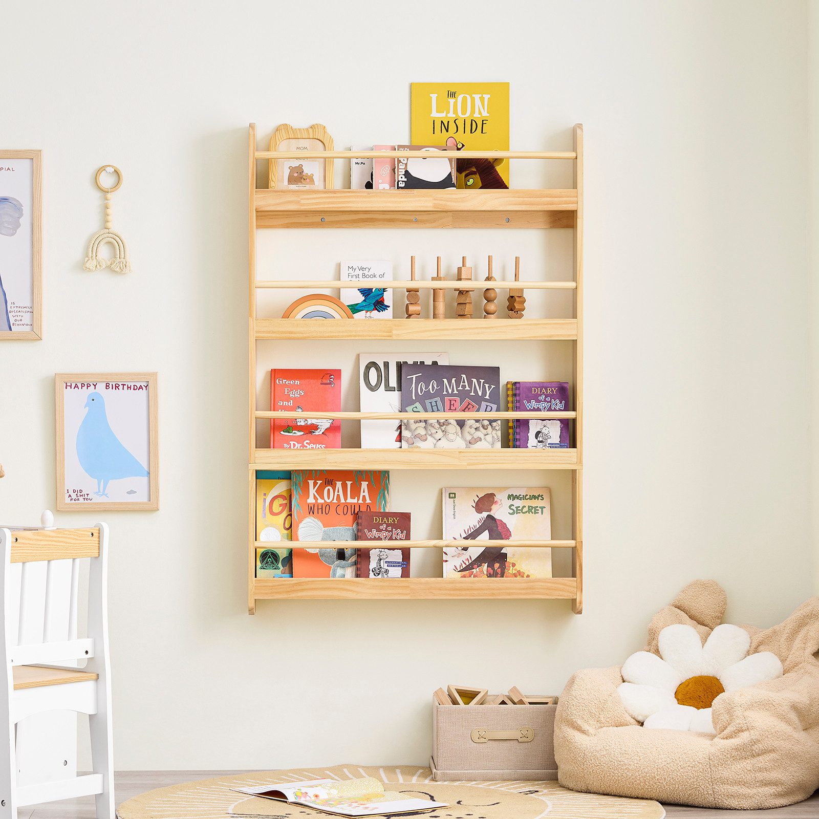 SoBuy Bücherregal DE-KMB08, Spielzeugtruhe Spielzeugregal für Kinderzimmer, Spielzimmer, mit 4 Ablagen, Kiefernholz, Kinderregal, Bücherregal Kinder, Wandregal