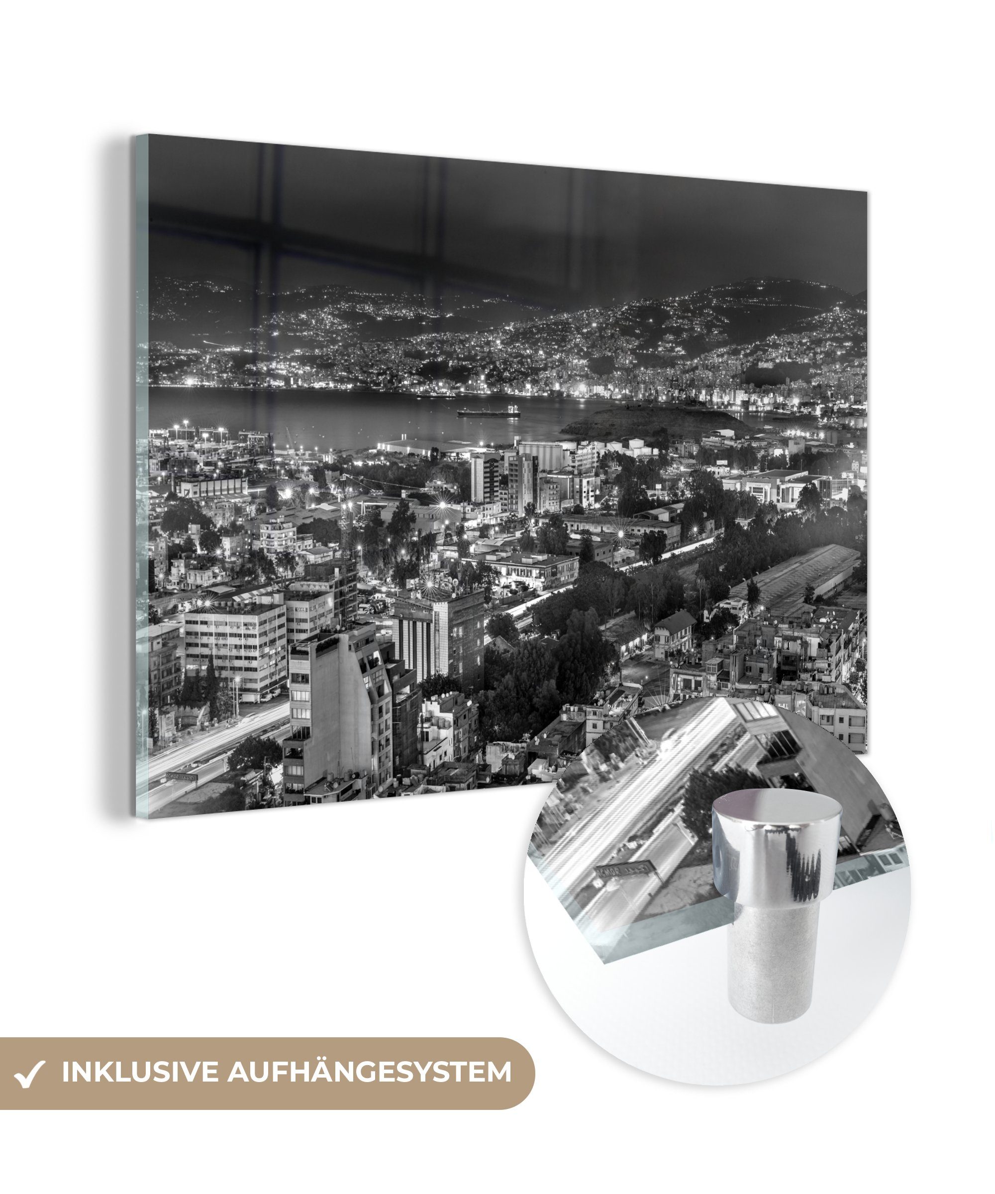 Beirut Wohnzimmer Acrylglasbild von im MuchoWow Libanon - Schlafzimmer schwarz-weiß, Acrylglasbilder St), & Abendfoto (1