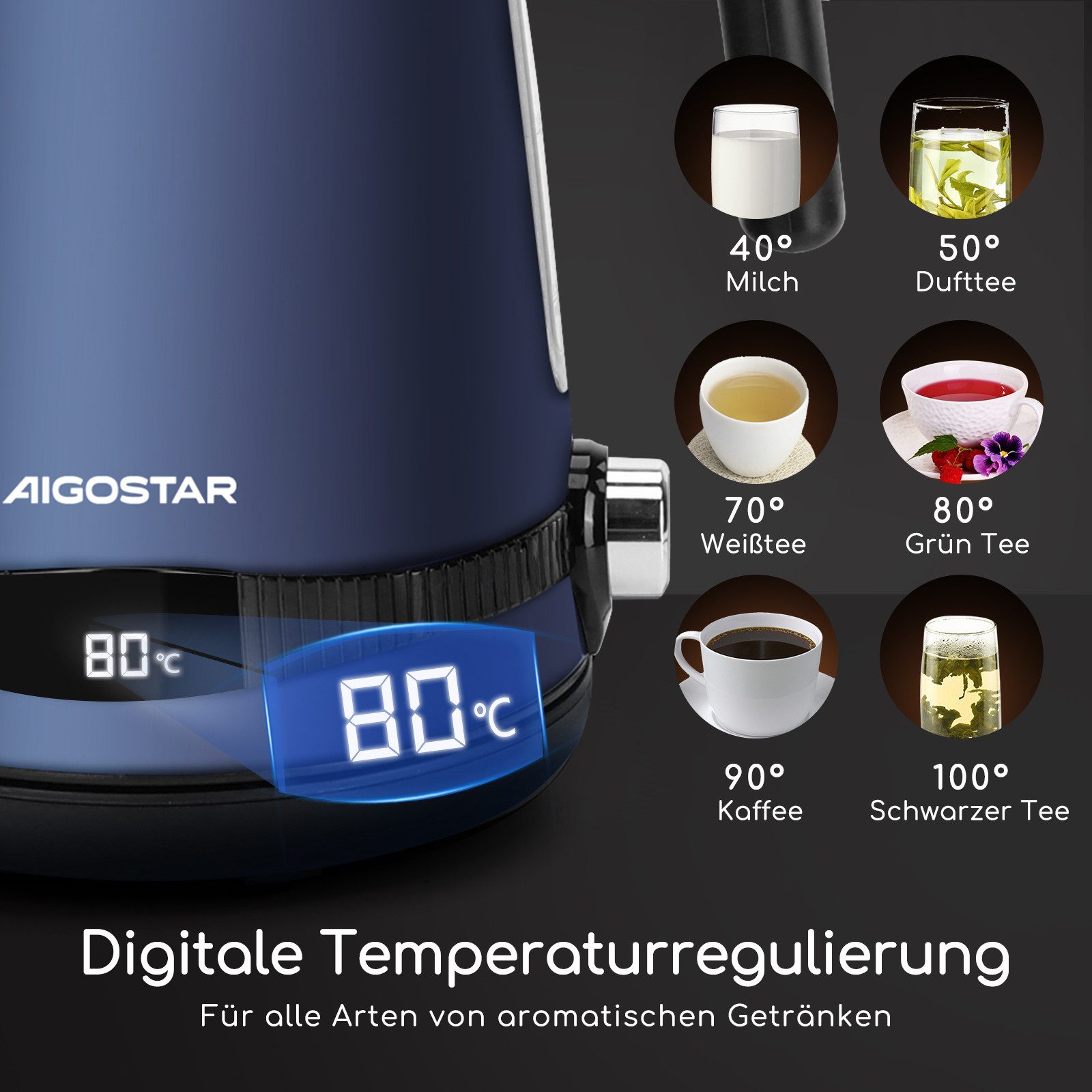 Aigostar Wasserkocher 1,7 L, 2200 W, mit Temperatureinstellung 40-100℃, Warmhaltefunktion, 2200 W, Digitaler Temperaturanzeige, Schnelles Kochen, Abnehmbarer Kalkfilter