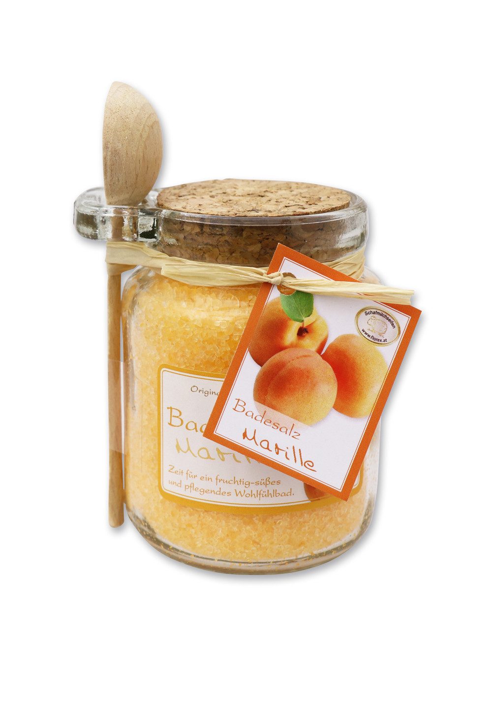 Gerlinde Hofer _ Florex GmbH Badezusatz Marille, Badesalz mit Bio Schafmilch im Glas mit Holzlöffel 300 g