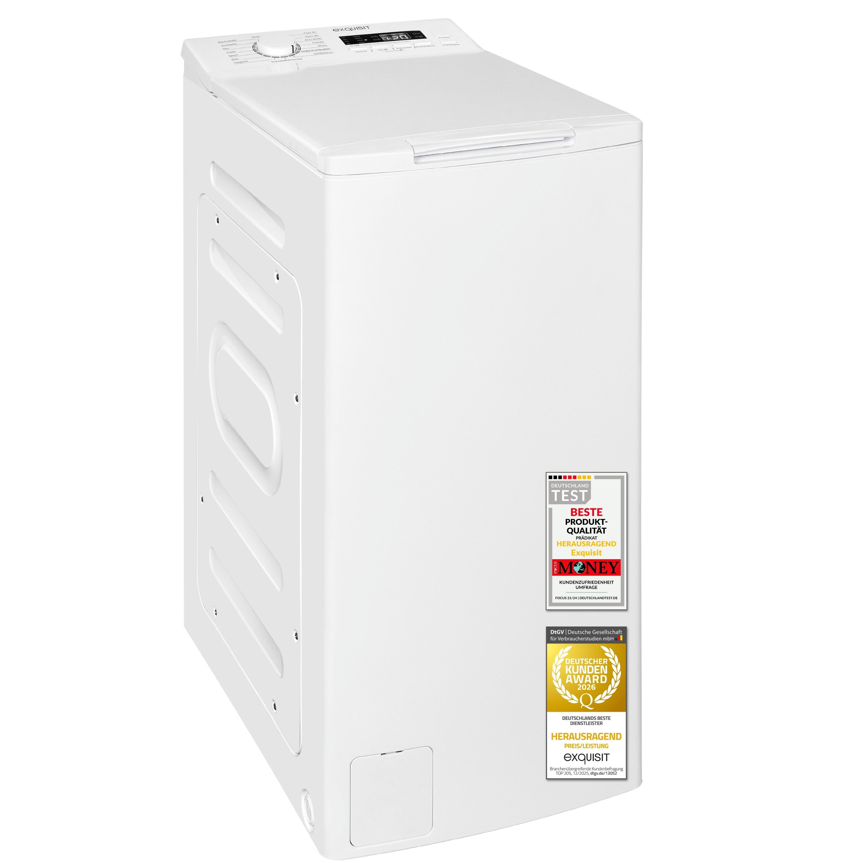 exquisit Waschmaschine Toplader LTO51207-030A, 7,5 kg, 1200 U/min, 7,5 kg, Startzeitvorwahl, Aquastop, Schmal, 15 Programme, Toplader