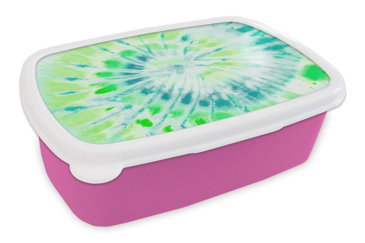 MuchoWow Lunchbox Krawattenfärbung - Hippie - Grün, Kunststoff, (2-tlg), Brotbox für Erwachsene, Brotdose Kinder, Snackbox, Mädchen, Kunststoff rosa