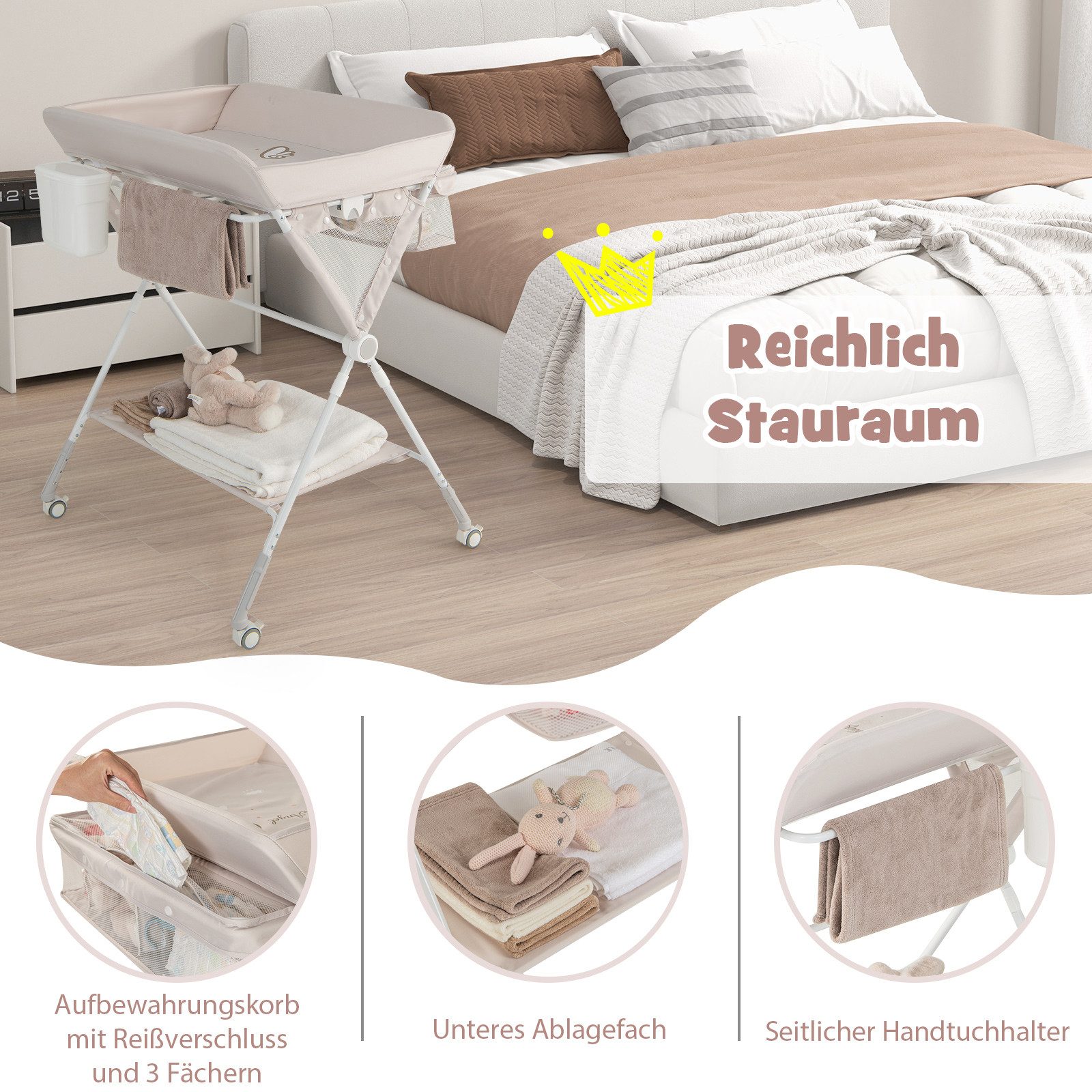 COSTWAY Wickeltisch (1-tlg), 3in1 Wickelkommode, mit Rollen, klappbar günstig online kaufen
