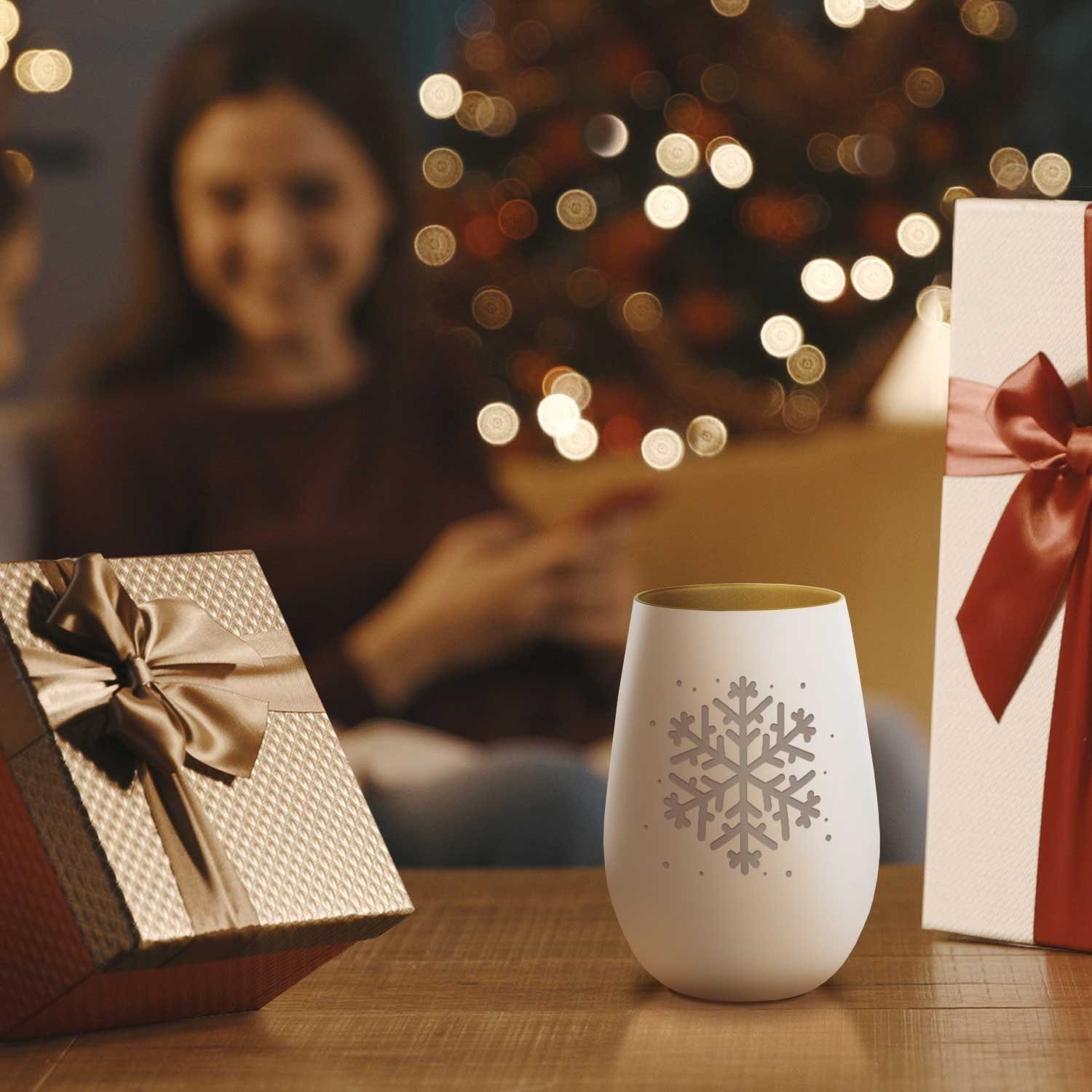Verschenken Geschenke Weihnachtsdeko GRAVURZEILE weitere mit für aus Anlässe Schneeflocke Windlicht - Gravur Männer - (Weiß/Gold), Glas Geburtstag zum und Frauen und zum
