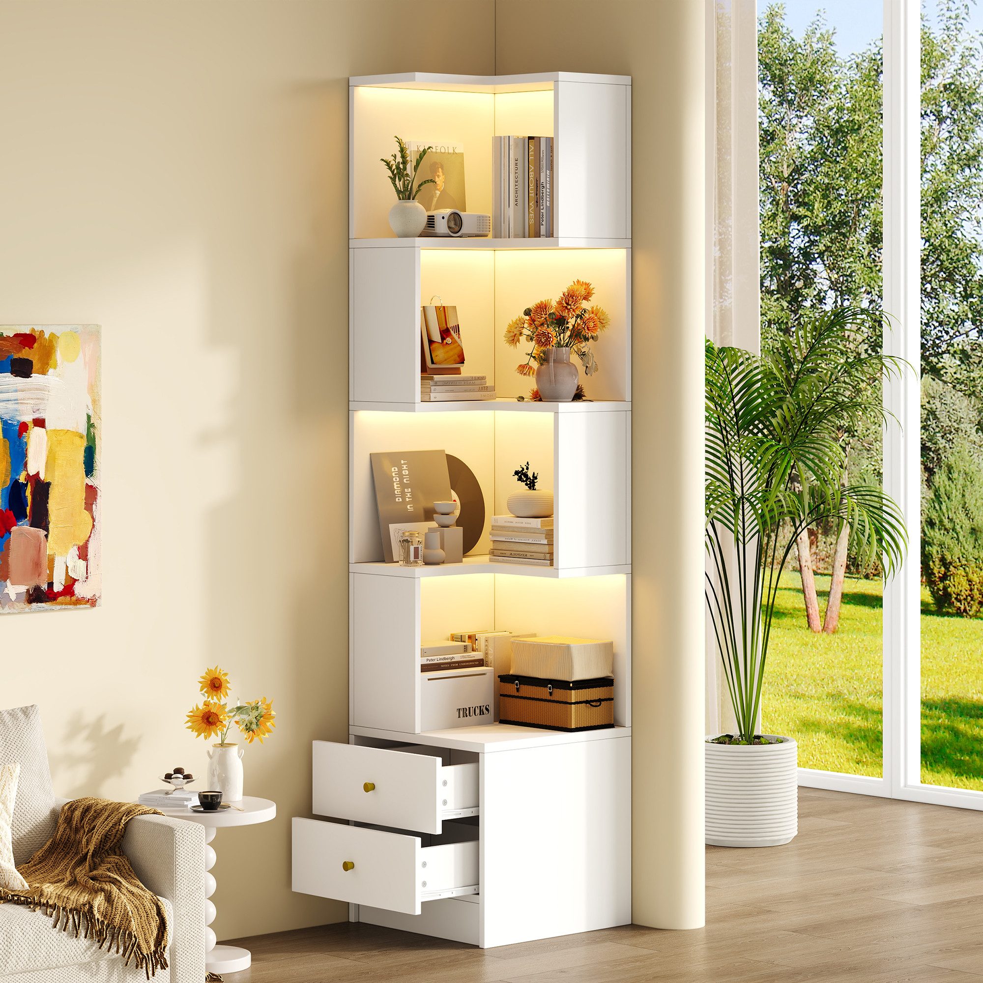Flieks Bücherregal Standregal Eckregal mit LED-Beleuchtung und 6 Ebenen/5 Ebenen, B63,5/T45/H180 cm 1-tlg., Eckbücherregal mit 4 Fächer & 2 Schubladen L-förmig Hochschrank Weiß