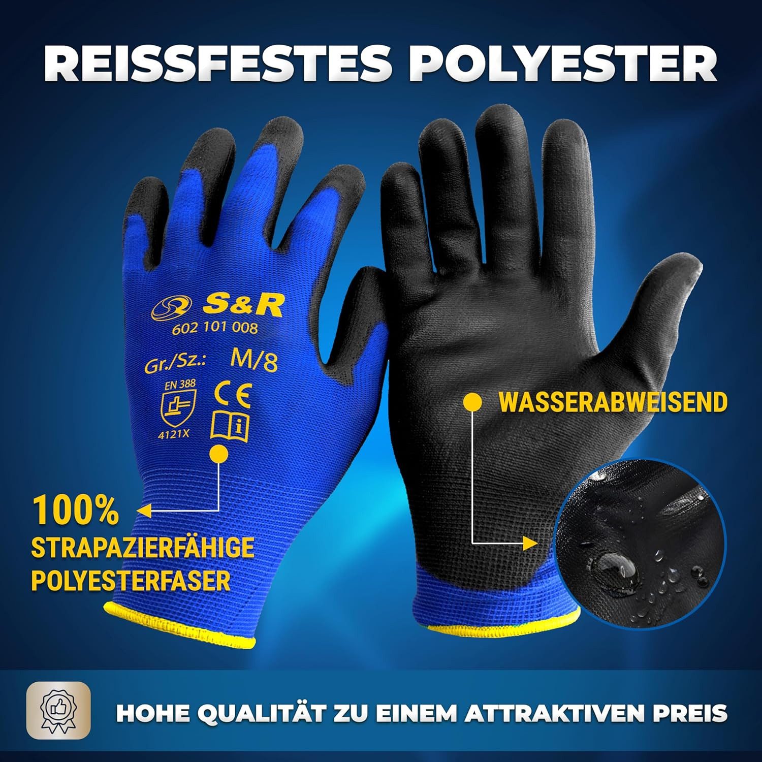 S&R Arbeitshandschuhe aus Polyesterfaser mit Polyurethanbeschichtung, flexible, Gr. M / 8 (Set, 24-St., 12 Paar M / 8) geprüfte Schutzhandschuhe, für den privaten und gewerblichen Gebrauch