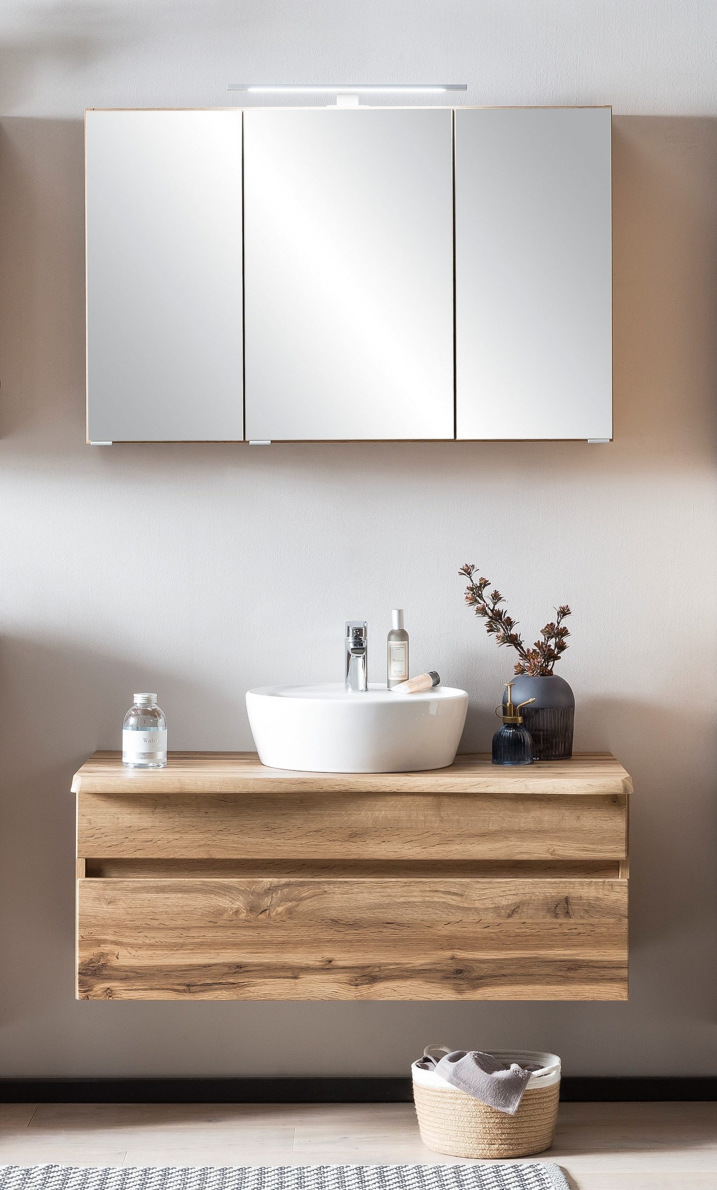 HELD MÖBEL Waschtisch-Set aus MDF in wotaneiche mit einer Schublade und 3 Türen, (B/H/T: 100x200x47 cm)