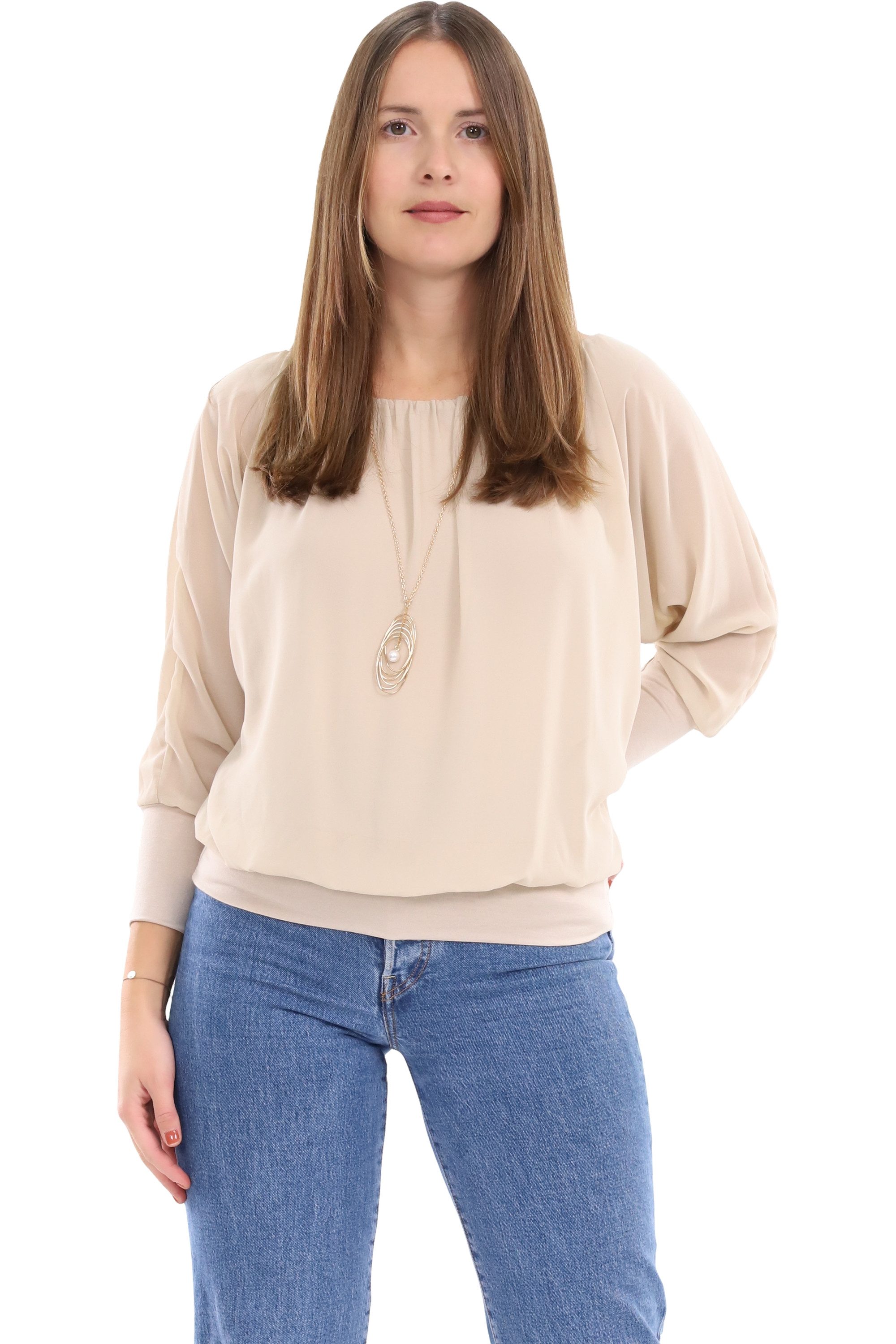 malito more than fashion Chiffonbluse malito Damen Bluse mit passender Kette, Tunika mit ¾ Armen, Blusensh Bluse mit Fledermausärmeln Einheitsgröße