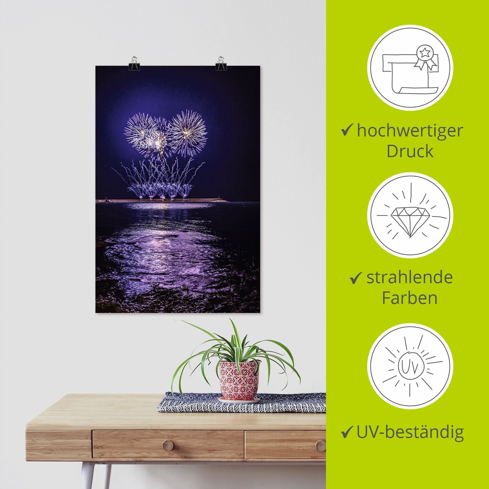 am Alubild, Poster versch. Neujahr Wandbild als Artland Wandaufkleber Silvester oder Leinwandbild, Meer, Feuerwerk St), & lila Größen (1 in