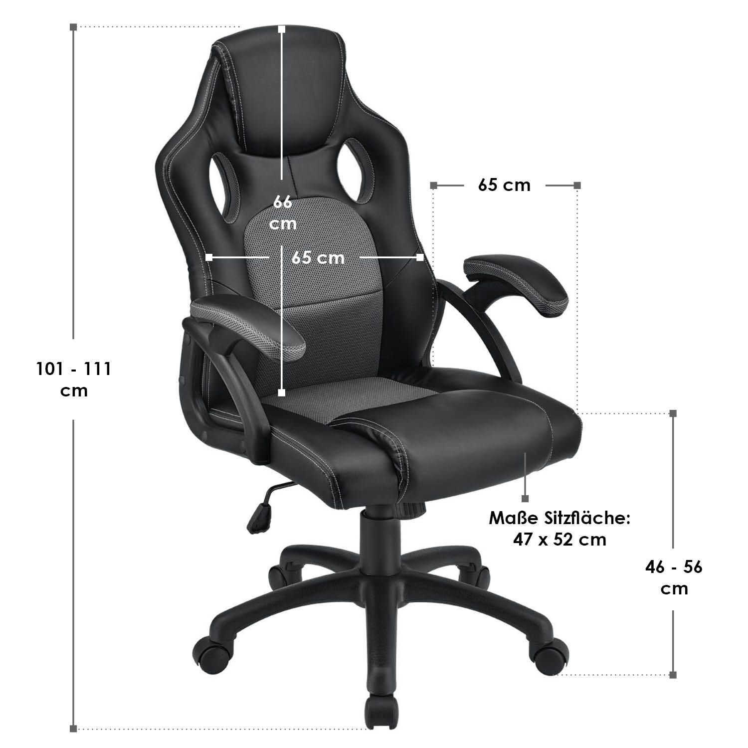 Rückenlehne Grau Sitzfläche, kippbar Montreal, Juskys Ergonomisch Schwarz, geformte und Sitzfläche Gaming-Stuhl