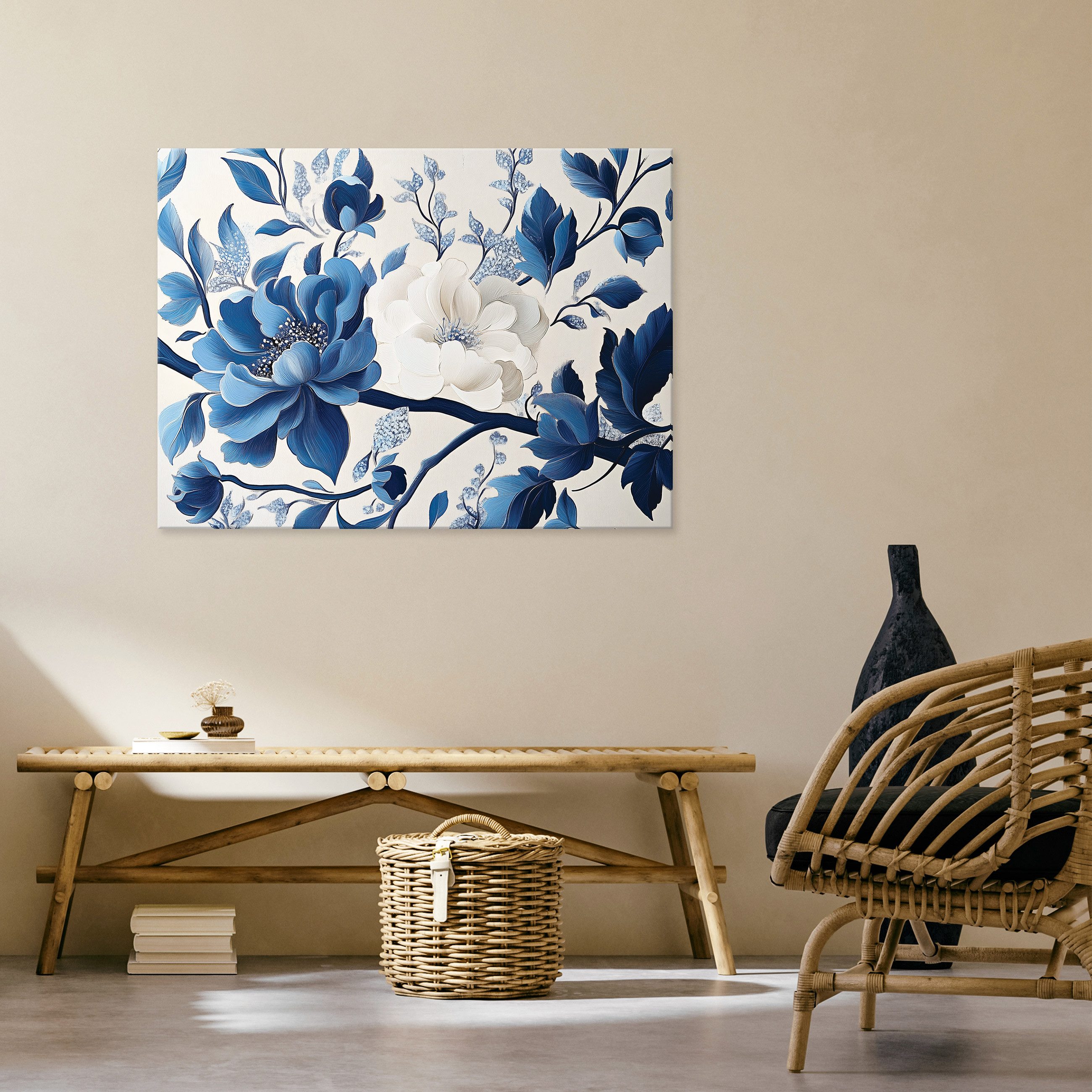 Wallarena Leinwandbild Blumen Blau Beige Vintage günstig online kaufen