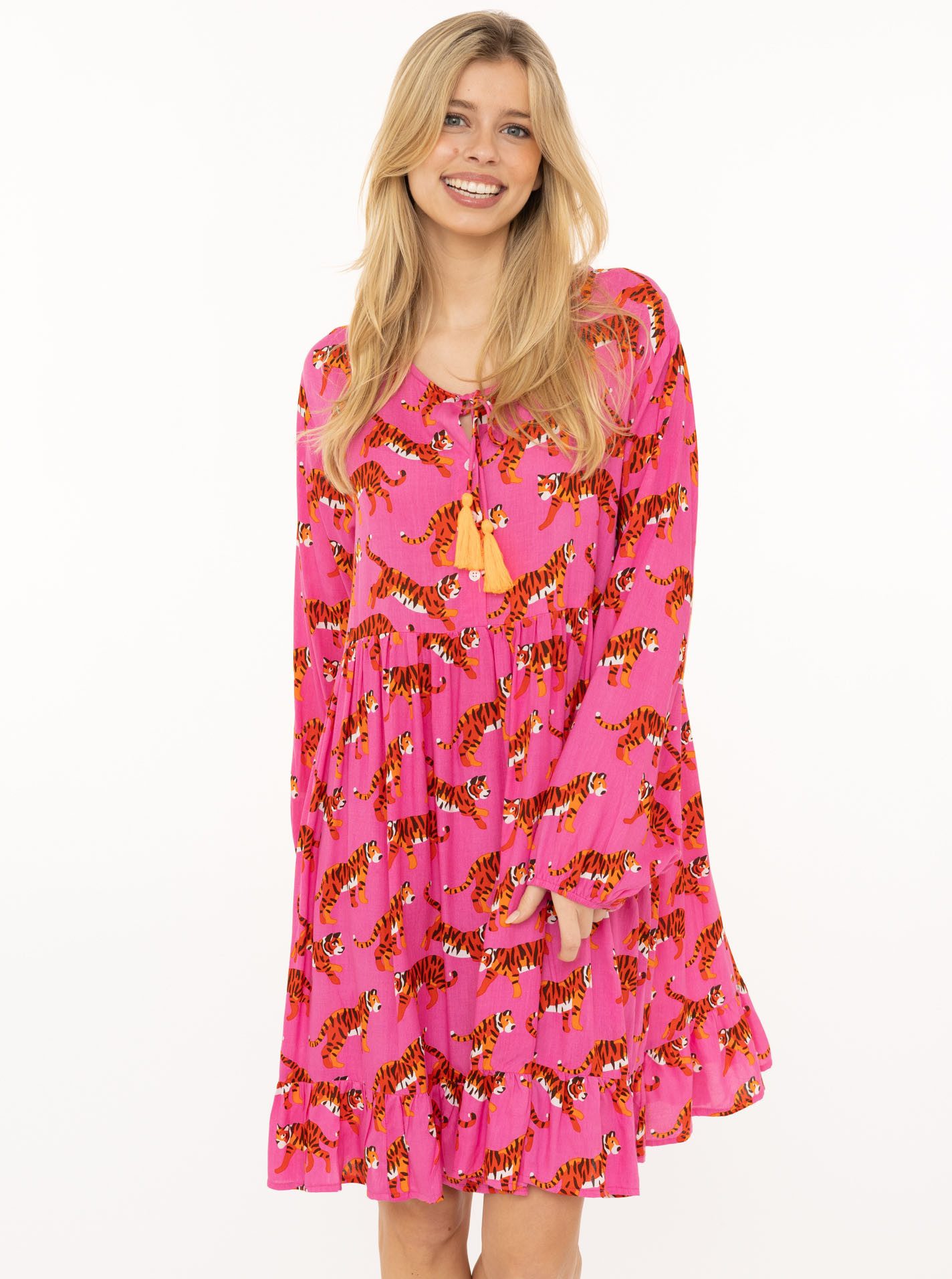 Zwillingsherz Sommerkleid "Trendy Tiger" Tigermotiv, mit Tassel lange Ärmel, figurumspielend