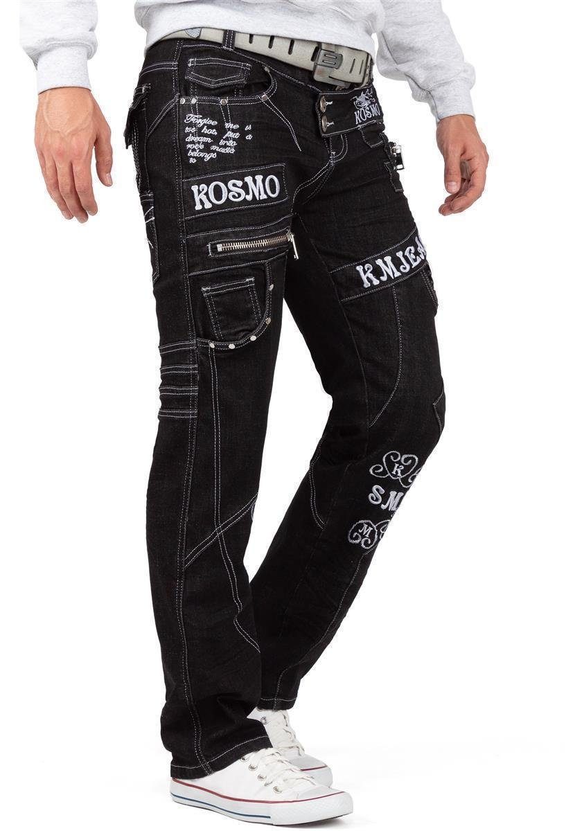 schwarz und Markante Auffällige Hose BA-KM051 Kosmo Herren Lupo 5-Pocket-Jeans Waschnung Verzierungen