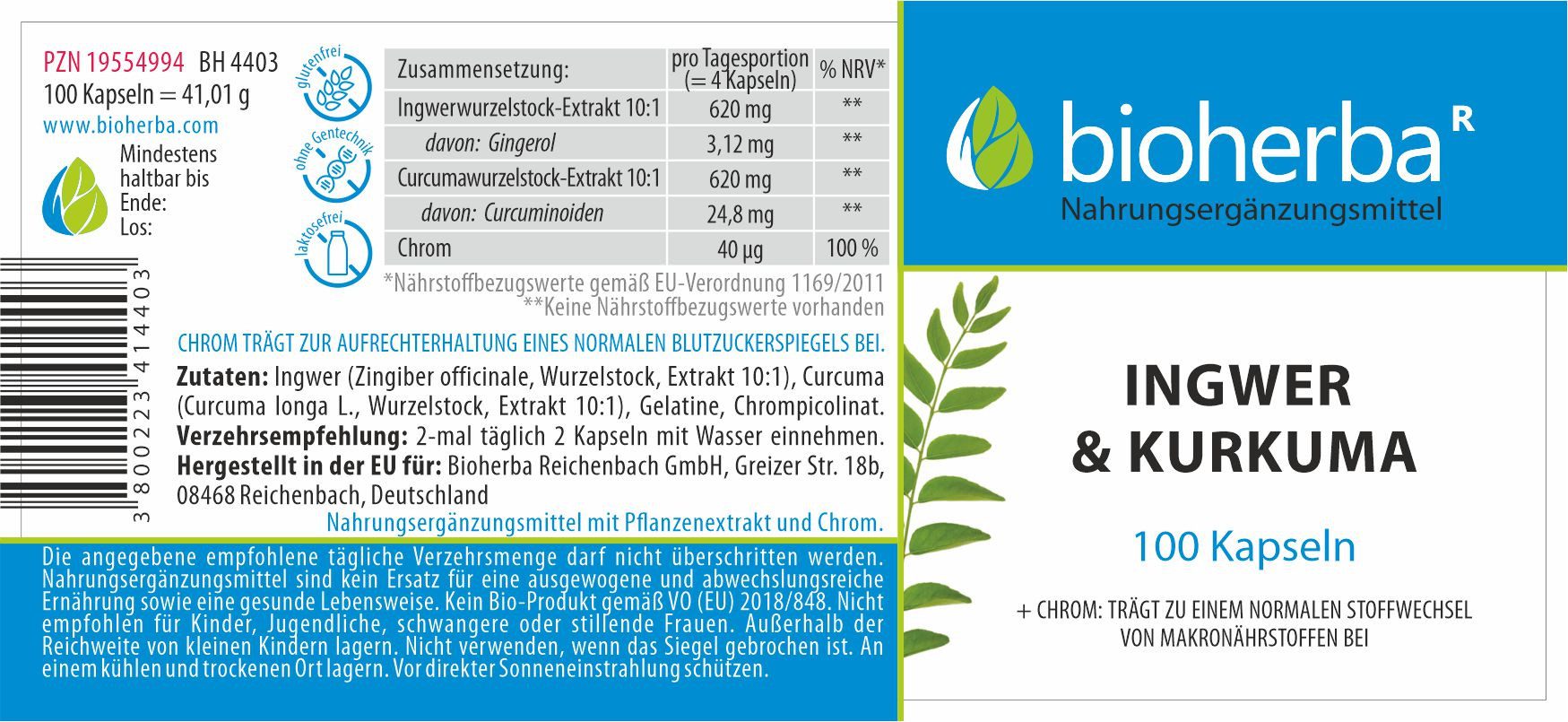 BIOHERBA R Ingwer und Kurkuma 100 Kapseln Nahrungsergänzungsmittel