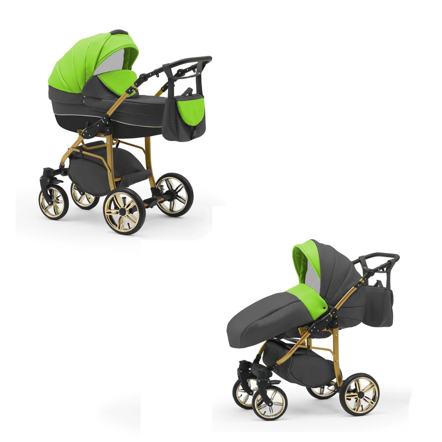 2 in Kinderwagen-Set in - Teile babies-on-wheels Grau-Grün 46 Gold - Cosmo Kombi-Kinderwagen 1 Farben 13 ECO
