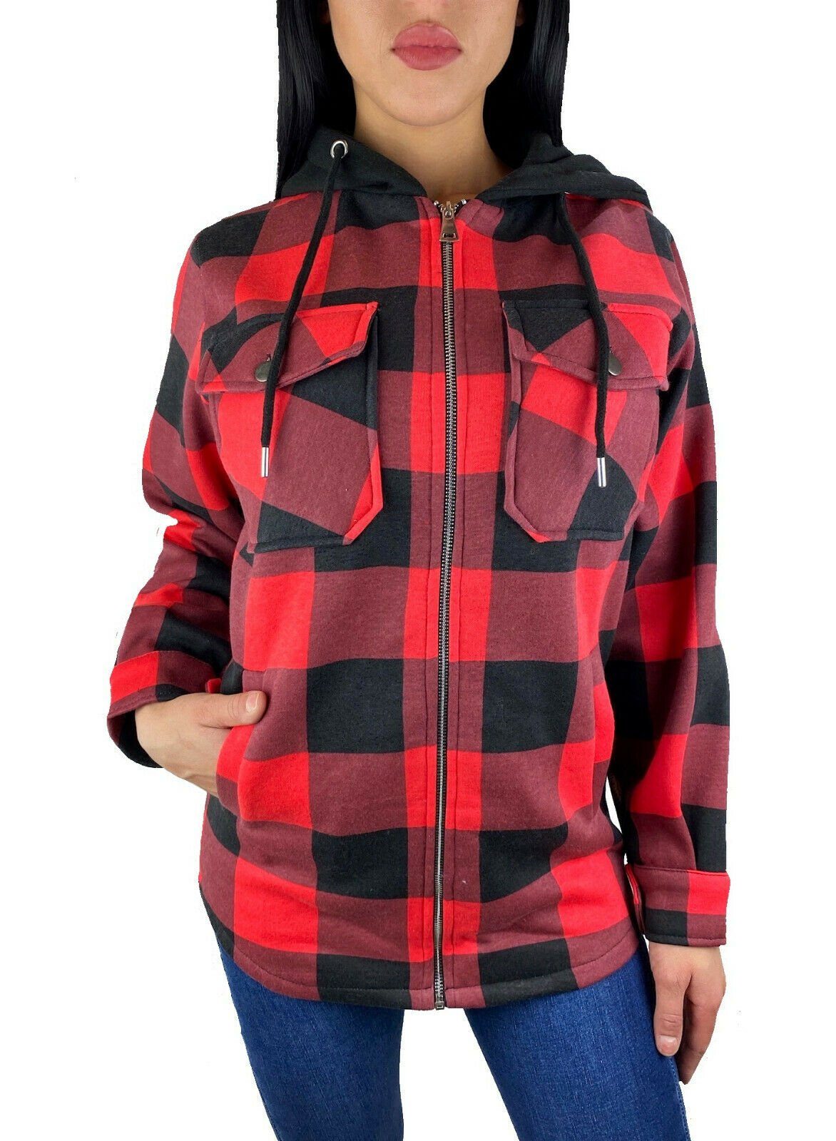 Worldclassca Flanellhemd Worldclassca DAMEN KARIERT (1-tlg) KAPUZE KAROHEMD Rot-Schwarz OVERSIZED MIT HOLZFÄLLERHEMD BLOGGER XS-XL HOODIE HEMDJACKE