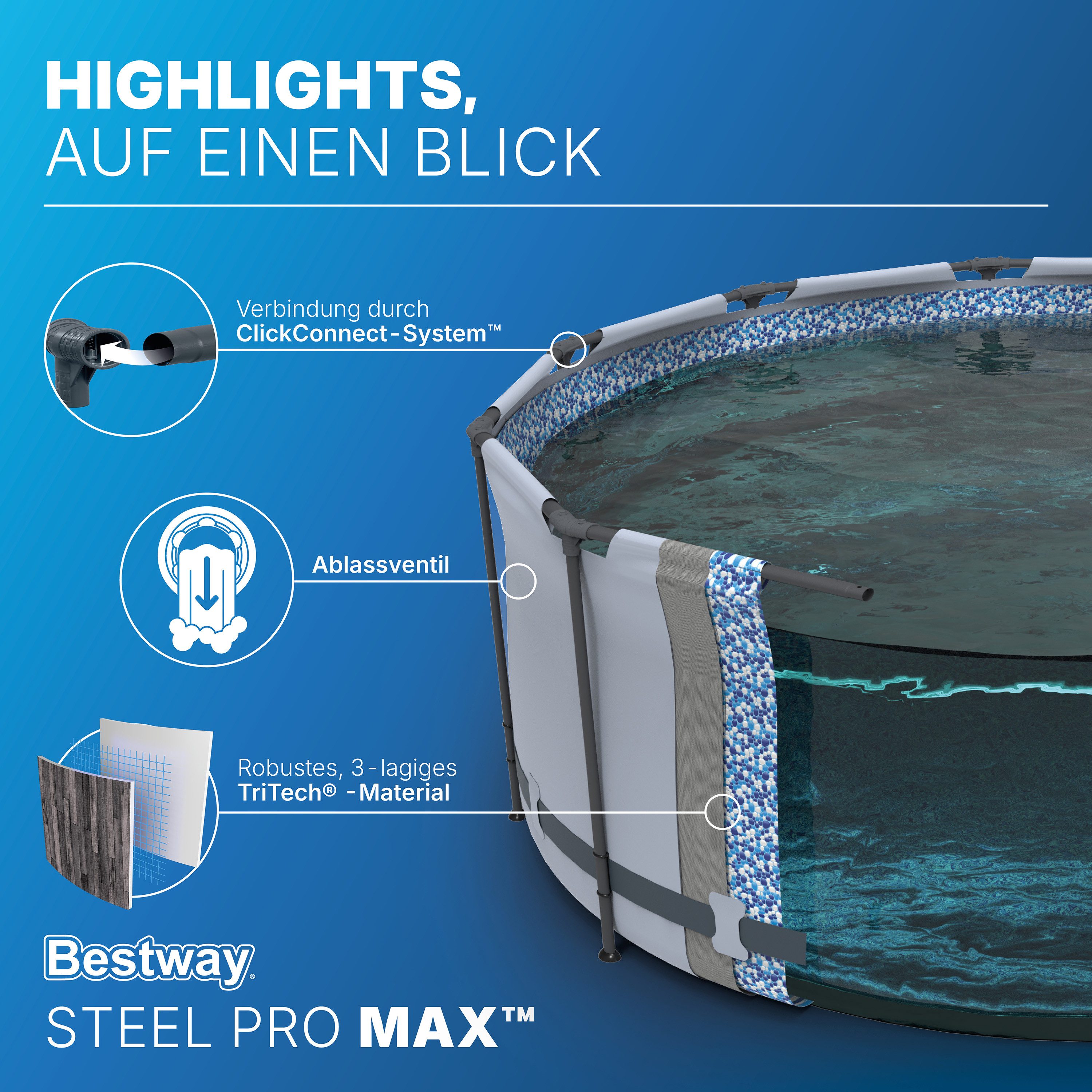 Bestway Framepool Steel Pro MAX™ (Set, Inkl. Filterpumpe, Sicherheitsleiter, Abdeckplane), Ø 427 x 107 cm