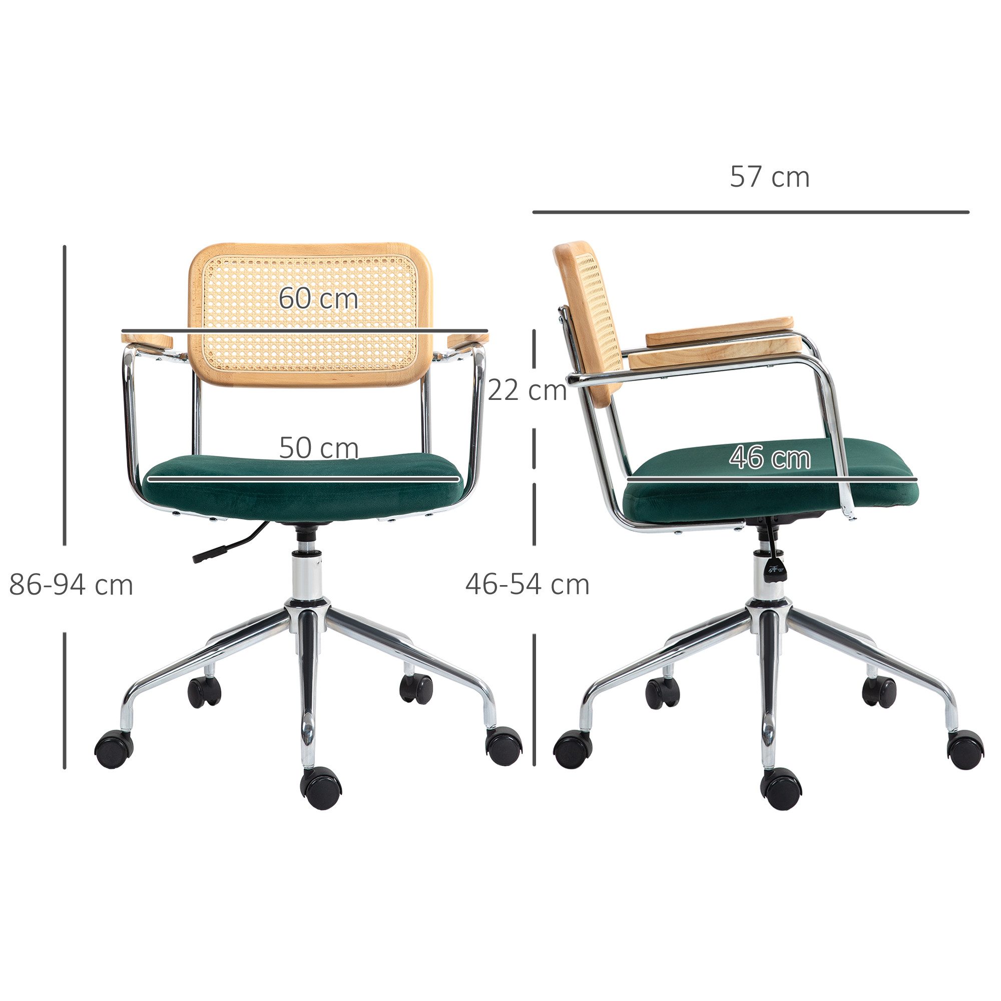 HOMCOM Bürostuhl Höhenverstellbar Drehstuhl, Computerstuhl mit Samtoptik (Schreibtischstuhl, 1 St), für Büro, Wohnzimmer, Grün