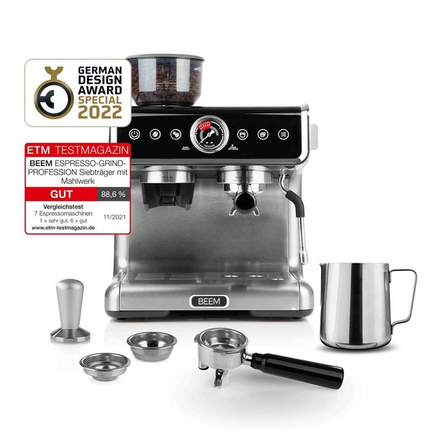 BEEM Espressomaschine ESPRESSO-GRIND-PROFESSION Espresso Siebträgermaschine Mahlwerk, 2xThermoblock, Dampfdüse, zwei Tassen, +4kg Kaffee