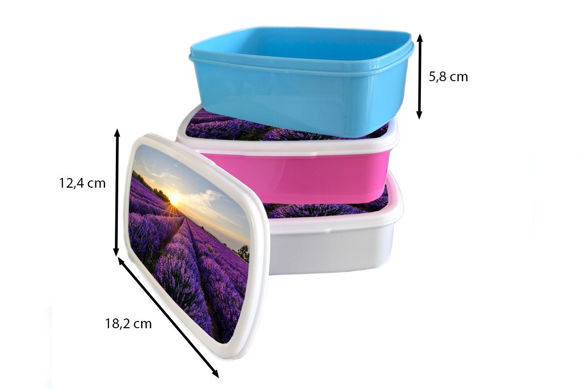 Kunststoff, (2-tlg), - Lavendel für MuchoWow Brotdose rosa - Kinder, - Lunchbox Sonnenuntergang Blumen Brotbox Lila, Mädchen, Erwachsene, Kunststoff Snackbox,