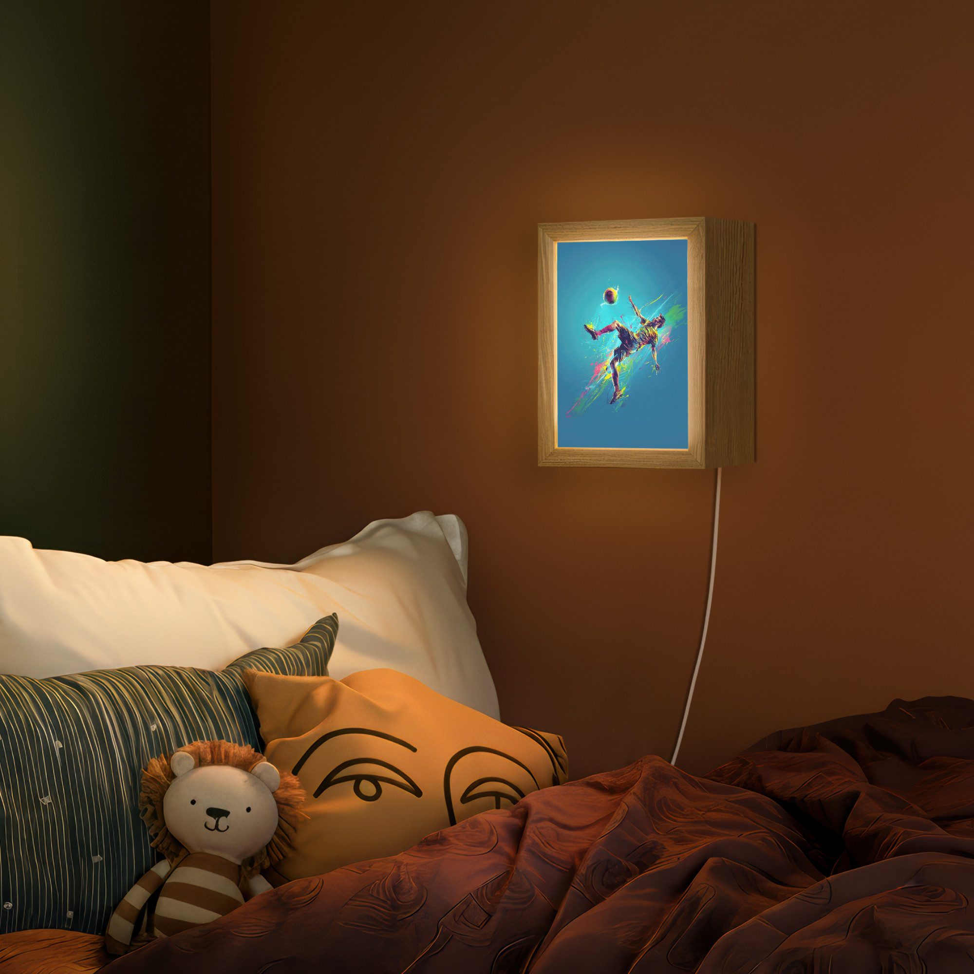 OnlyWow Wandleuchte Lightbox Fußballer - Farbspritzer - Farbenfroh - Ball - Jungen, Dimmbar, Farbwechsel, LED, Warmweiß, Kaltweiß, Neutralweiß Einstellbar, Wandlampe Innen, Dimmbar, mit Kabel, LED, Beleuchtung, Kinderzimmer