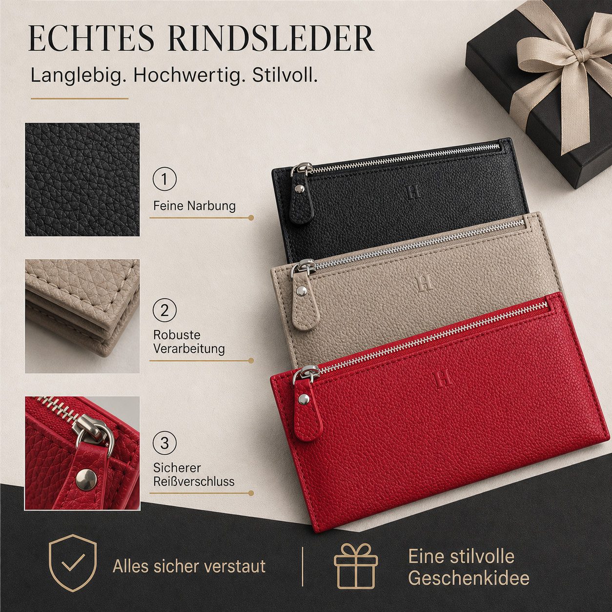 HoyoLee Handels GmbH Clutch Damen Geldbörse aus Rindsleder, lange Clutch mit Reißverschluss