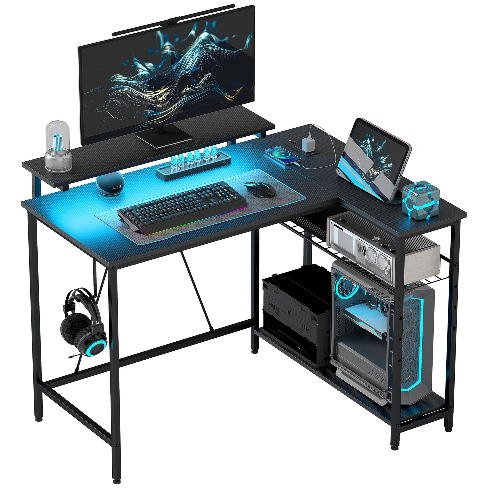 HOMCOM Computertisch Reversible Gaming Tisch (Set, 1-St., 1 Tisch), Mit LED, Steckdosen, Stauraum