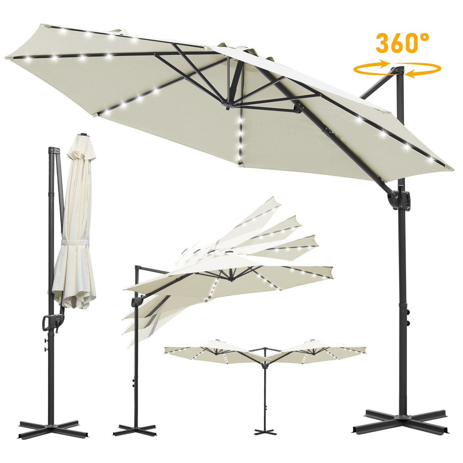 Sonnenschirm Ampelschirm Ø3Mm Taupe UV50+ mit Solar LED, 360° drehbar, 60° knickbar