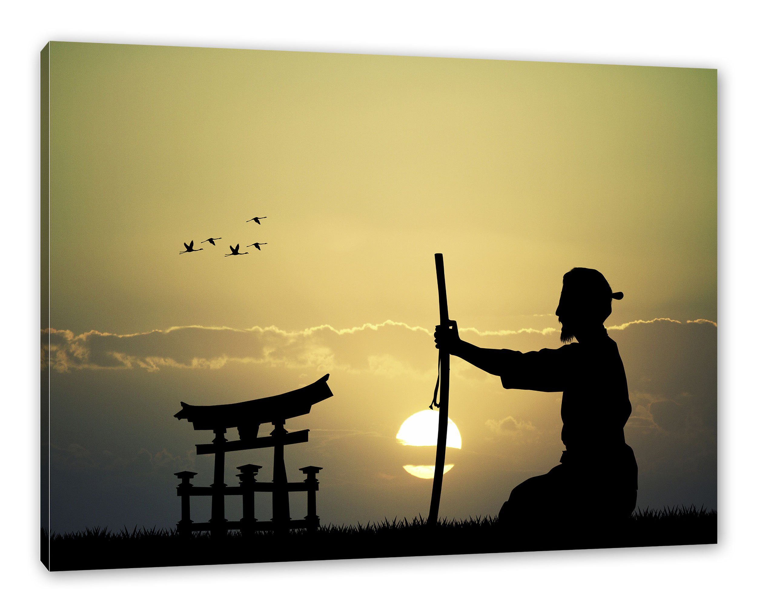 Pixxprint Leinwandbild Samurai-Meister vor St), Zackenaufhänger Samurai-Meister bespannt, (1 Horizont, inkl. Leinwandbild fertig vor Horizont
