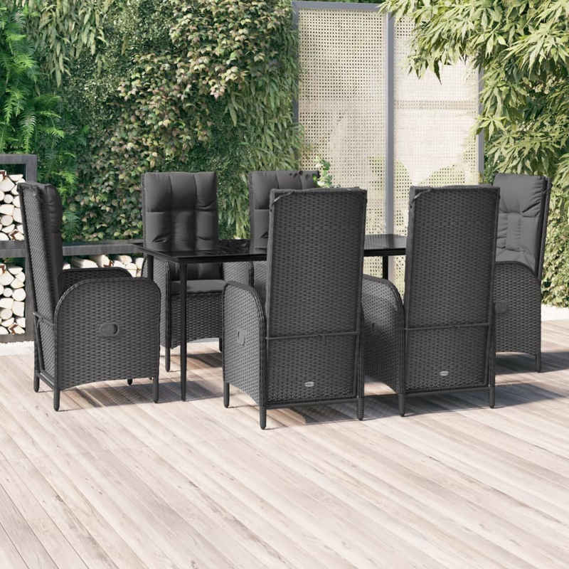 vidaXL Garten-Essgruppe 7-tlg. Garten-Essgruppe mit Kissen Schwarz Poly Rattan, (1-tlg)