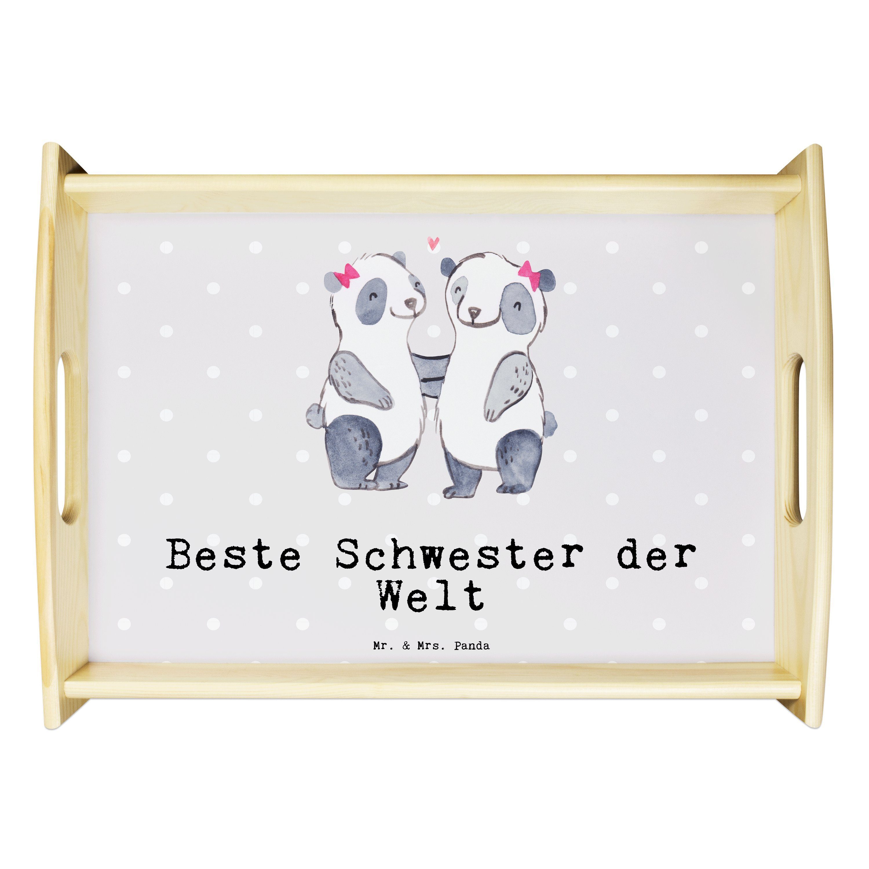 Panda Grau Welt Echtholz Mrs. - & Geschenk, (1-tlg) Beste Sister, Tablett Mr. lasiert, Schwester der Pastell Hol, Panda -