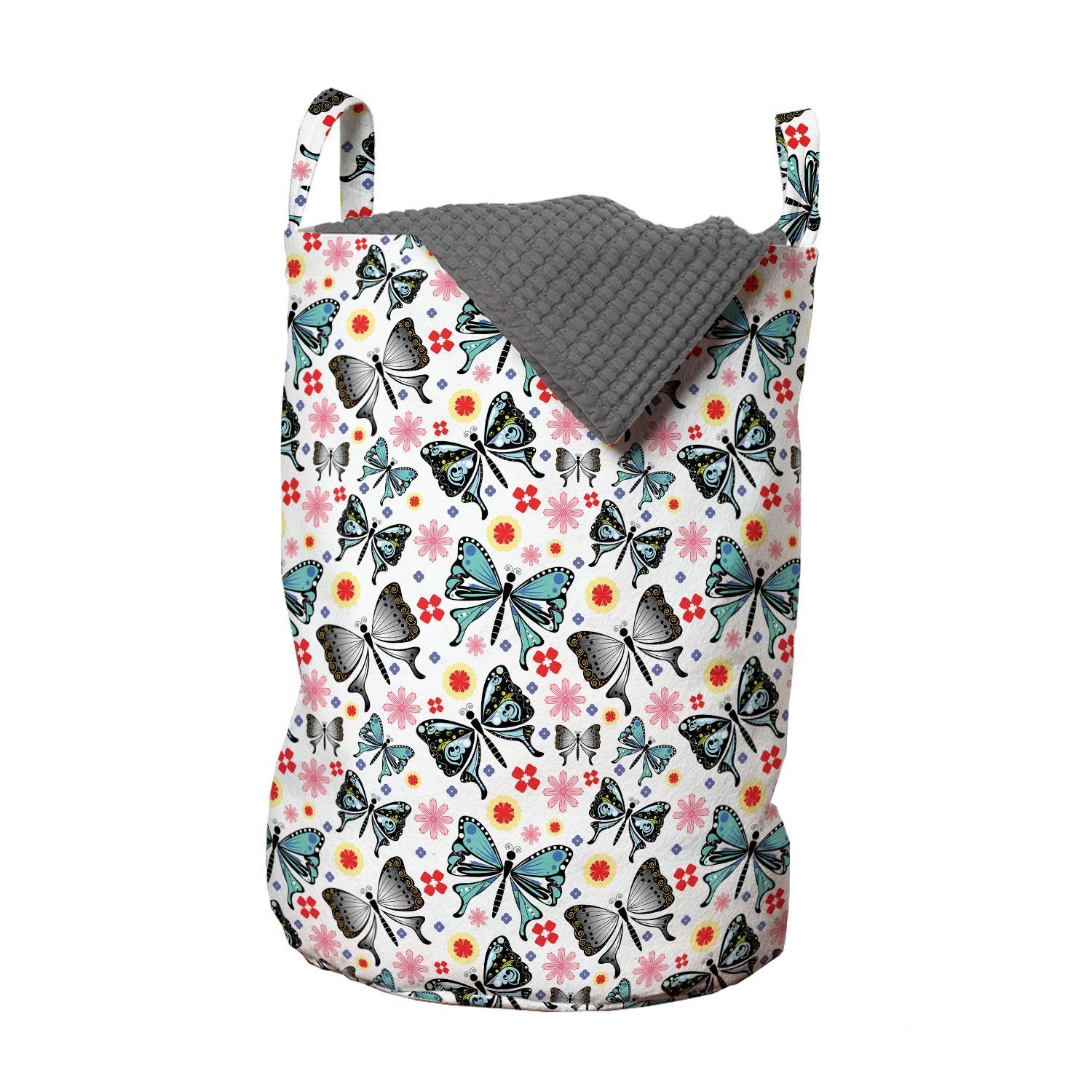 Abakuhaus Wäschesäckchen Wäschekorb mit Griffen Kordelzugverschluss für Waschsalons, Schmetterling Insekten- und Tiny Blumen