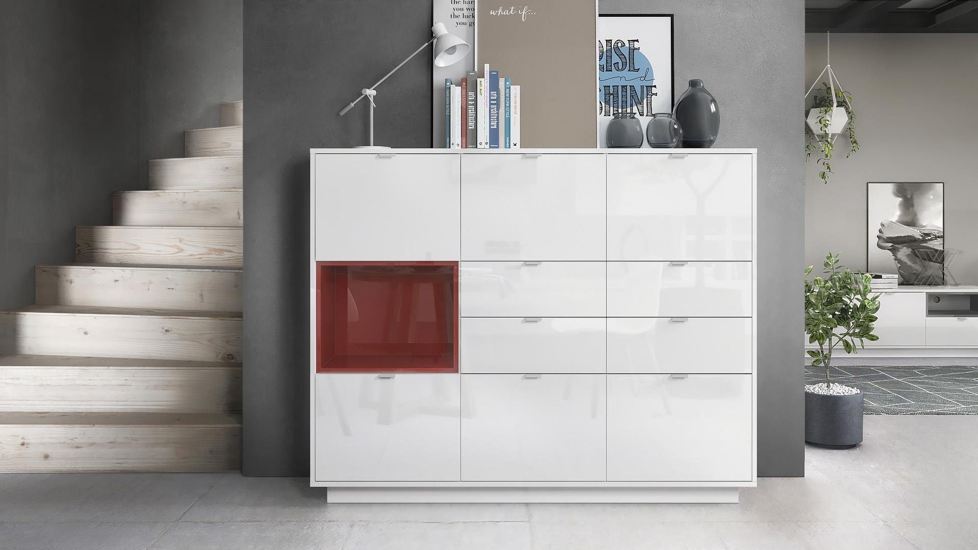 Vladon Highboard Metro V2 (Highboard, mit 6 Türen, 4 Schubladen und 1 offenem Fach), Bordeaux Hochglanz (153 x 123 x 37 cm)