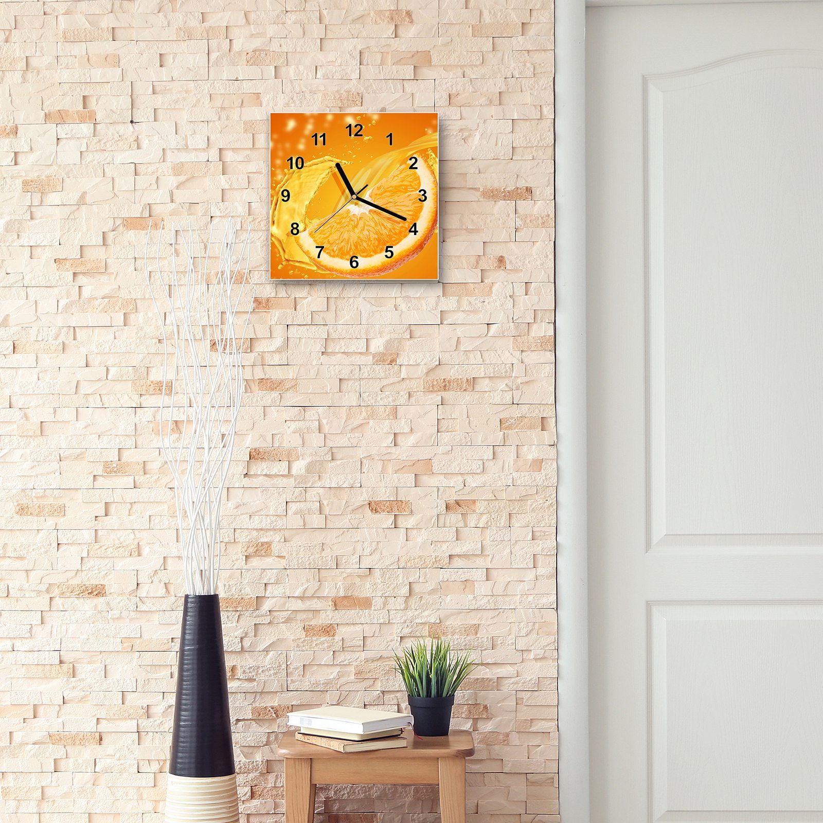 Motiv 30 Wandkunst cm mit Größe Glasuhr Orangensaft x 30 Wanduhr Primedeco Wanduhr