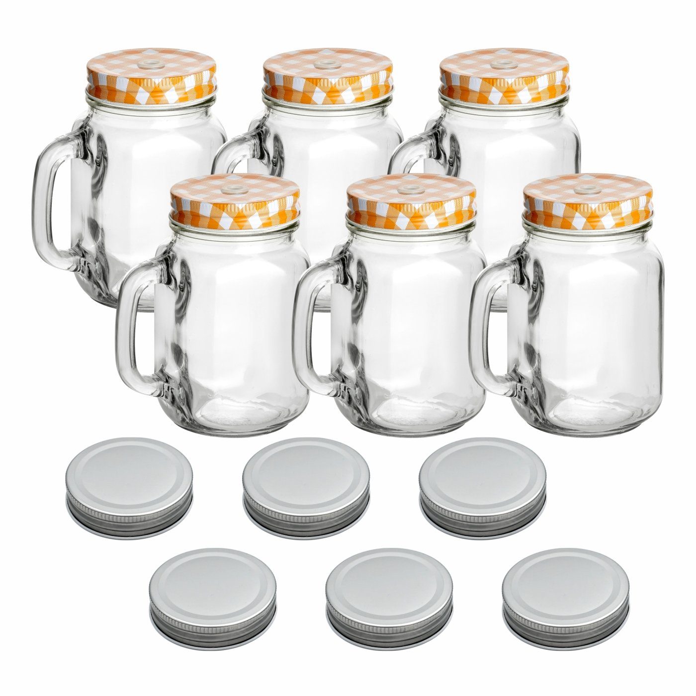 gouveo Gläser-Set Trinkgläser 450 ml mit Schraubdeckel - Trinkglas mit Henkel, 6er Set, orange/silber