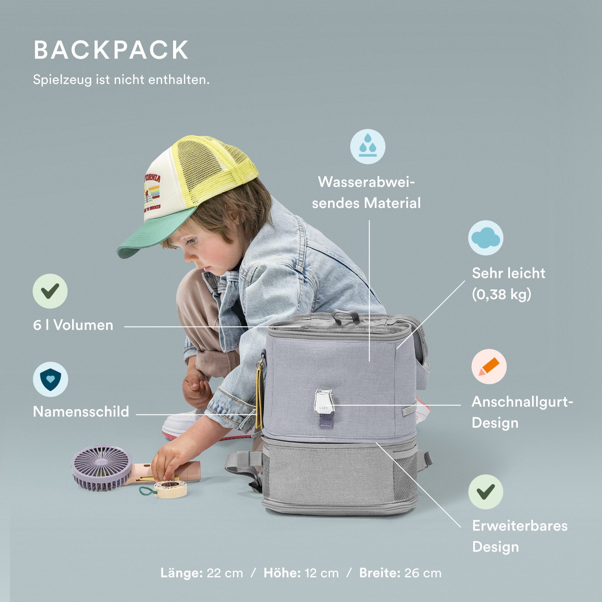 Stokke Kinderkoffer JetKids Reiseset - Enthält Aufsitzkoffer & Bordbett + Crew Backpack, 4 Rollen, Ideal für kurze und lange Reisen