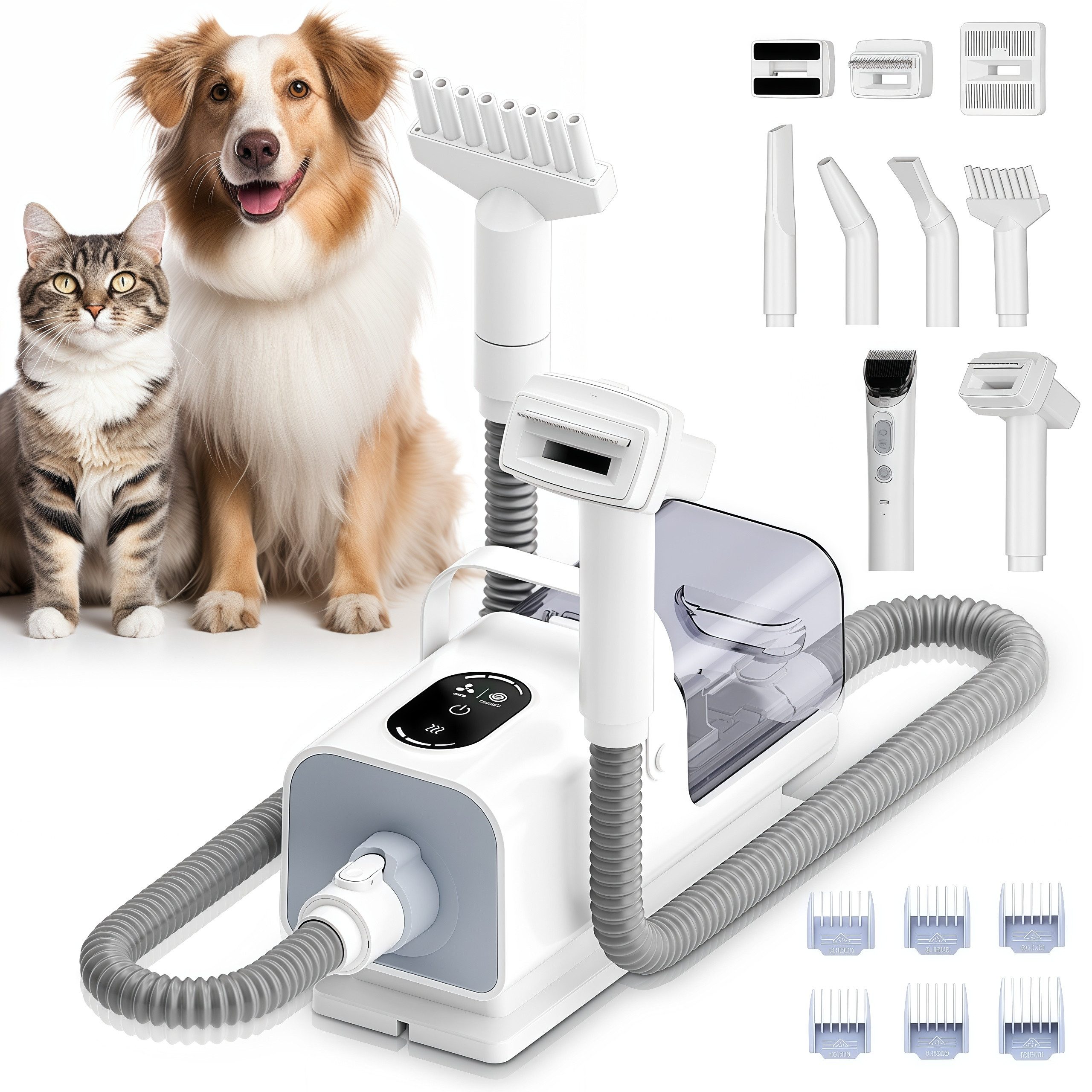 CkeyiN Hundeschermaschine mit 11kpa-Staubsauger Tierhaargebläse 8-in-1 Profi Haustierpflegeset, Entwirrungskamm Abnehmbare Hundehaarschneidemaschine 6 Grenzkämmen